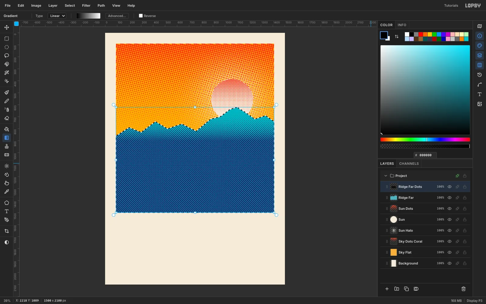 The teal mountain range now has a screen of indigo dots, big near the base of the mountains and fading out toward the peaks