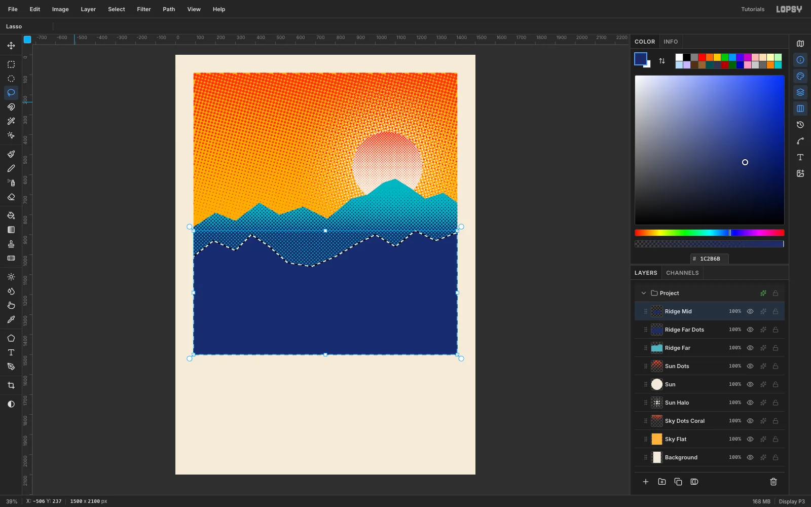 A second, darker indigo mountain range in front of the teal one, lower and with more rounded peaks