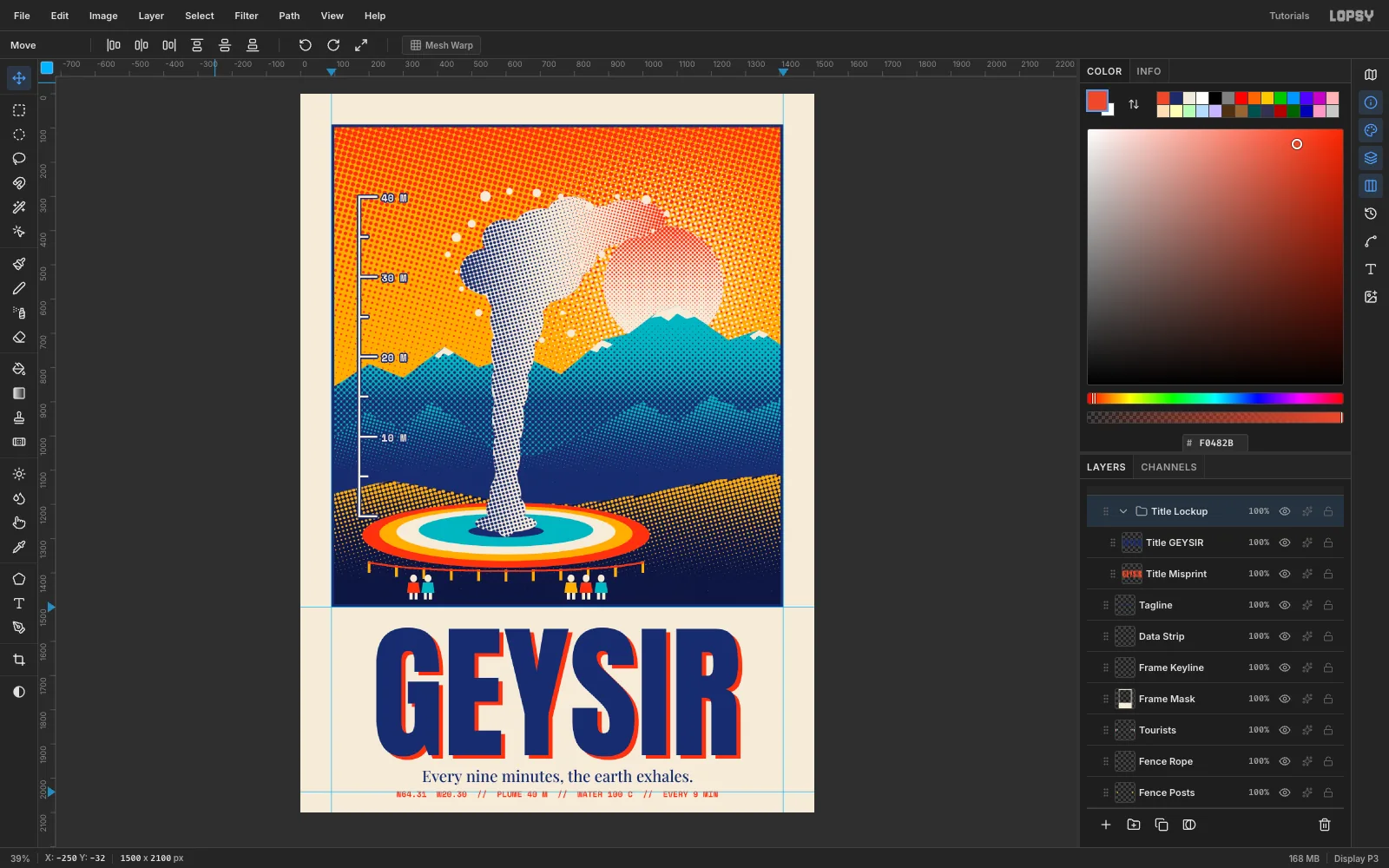The Layers panel showing a new group named Title Lockup that holds Title GEYSIR and Title Misprint