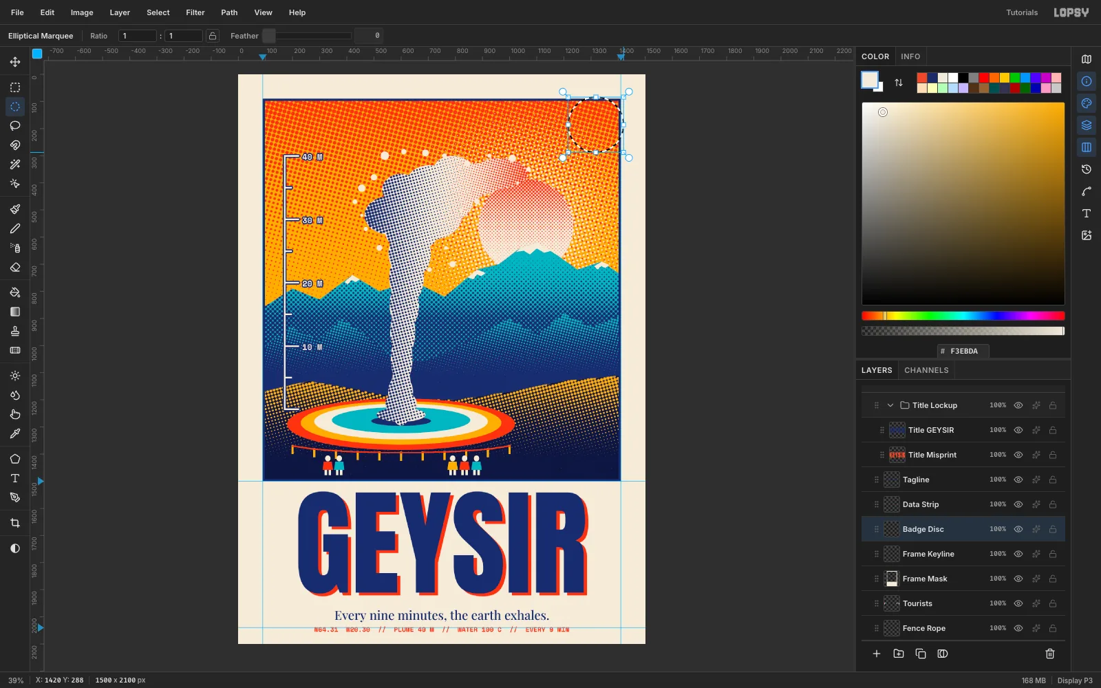 An elliptical marquee circle selected in the top right corner of the poster, overlapping the edge of the picture