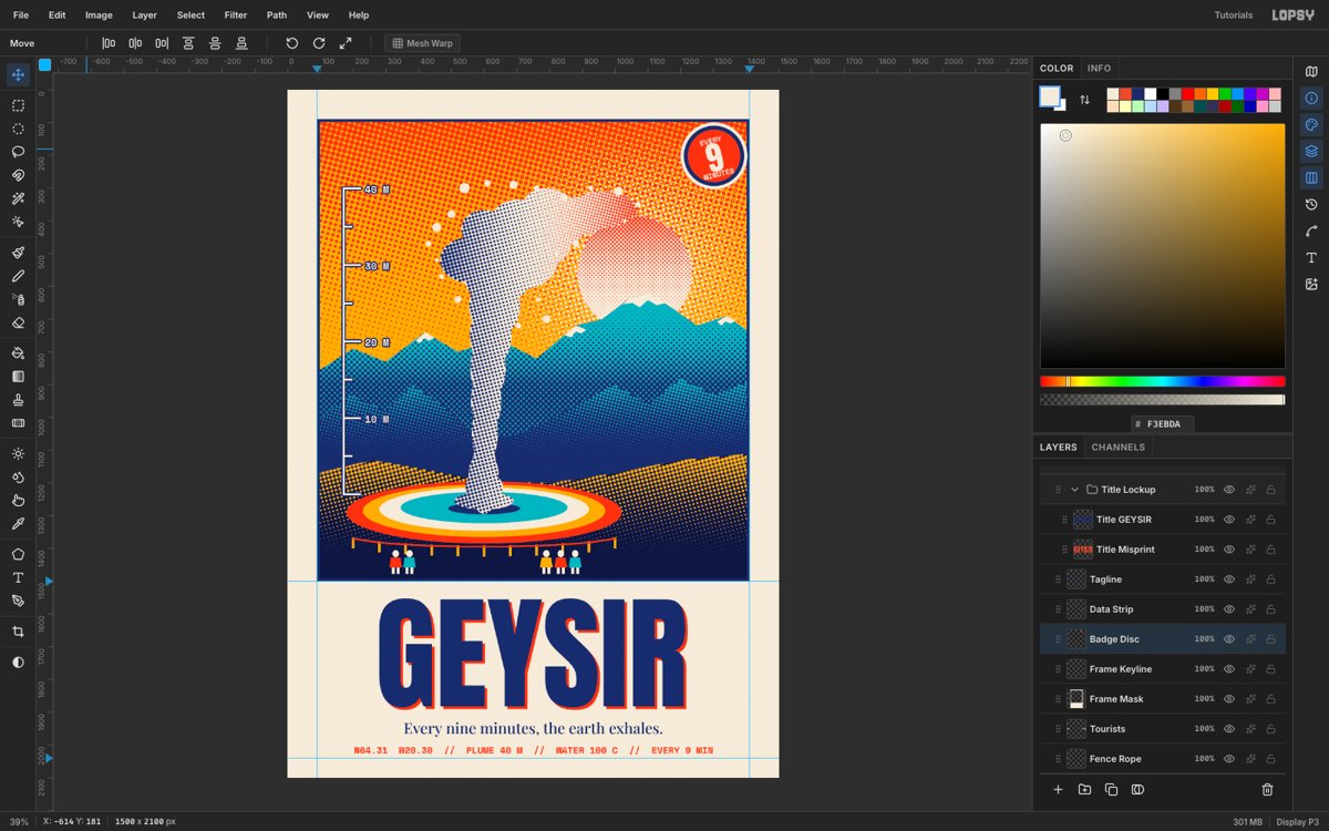 Lopsy editing the finished GEYSIR poster. A saffron sky speckled with coral dots, a white halftone steam column rising from a bullseye of orange and teal terraces in front of teal and indigo mountains, with the title GEYSIR in huge indigo capitals below