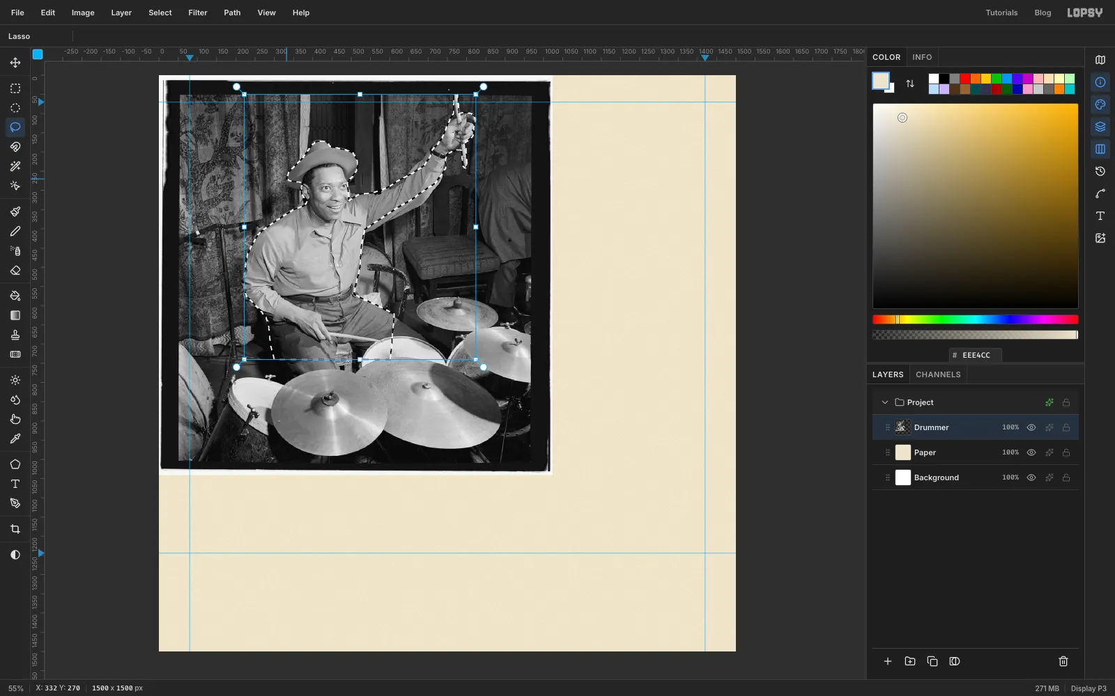 A lasso selection with marching ants running around the drummer's hat, raised arm and stick, shoulders and lap, cutting straight across under his hands