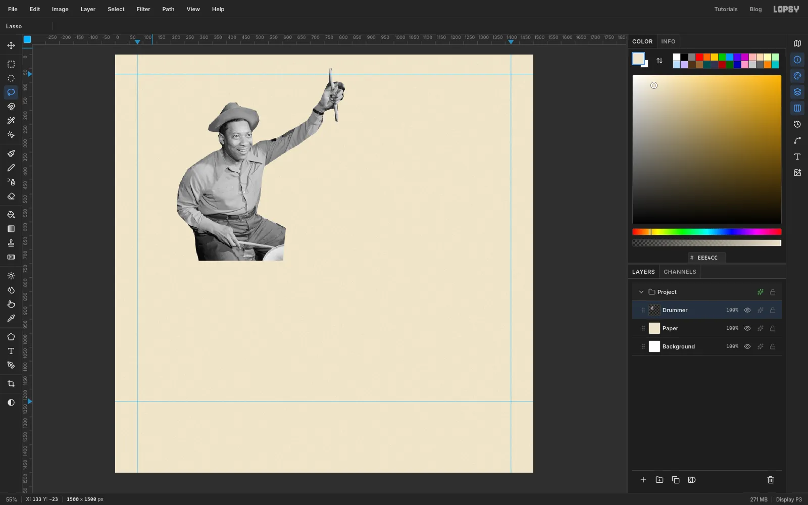 The drummer cut out on his own layer over the cream paper, from hat to lap