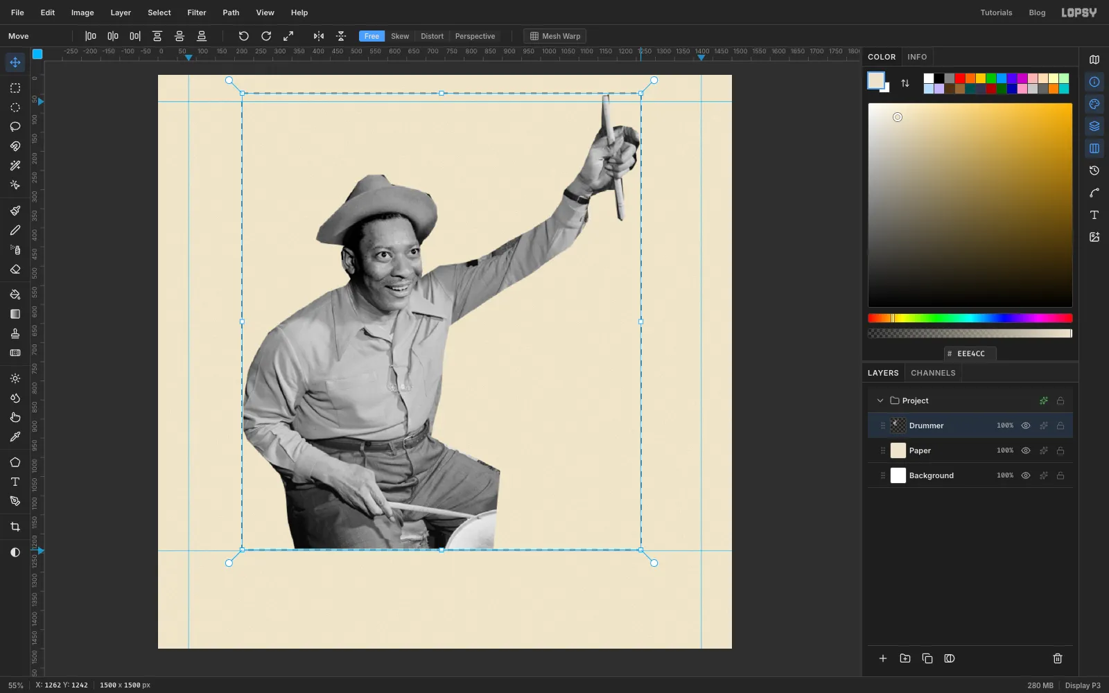 A rectangular selection around the drummer with its bottom-right corner handle being dragged out, the figure growing to fill most of the canvas