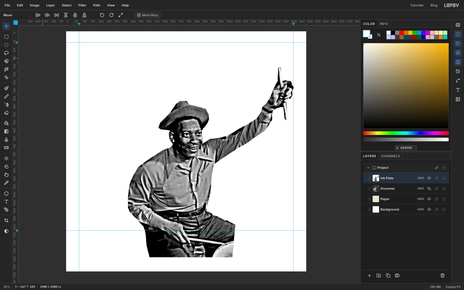 The drummer layer on a solid white background after Unsharp Mask and Brightness/Contrast, with the hidden original in the Layers panel