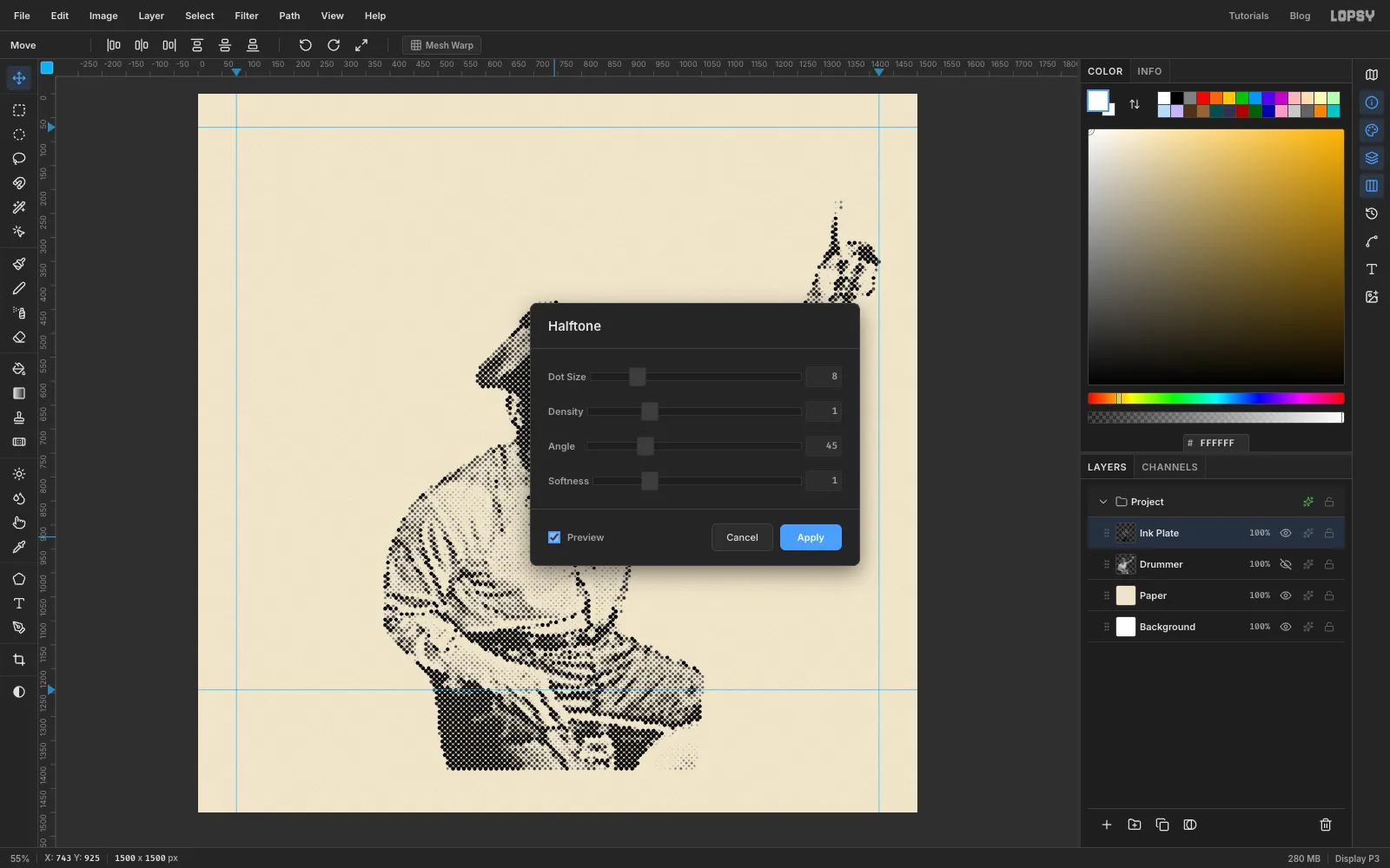 The Halftone dialog with Dot Size 8, Angle 45 and Softness 1, with Preview showing the drummer as black dots