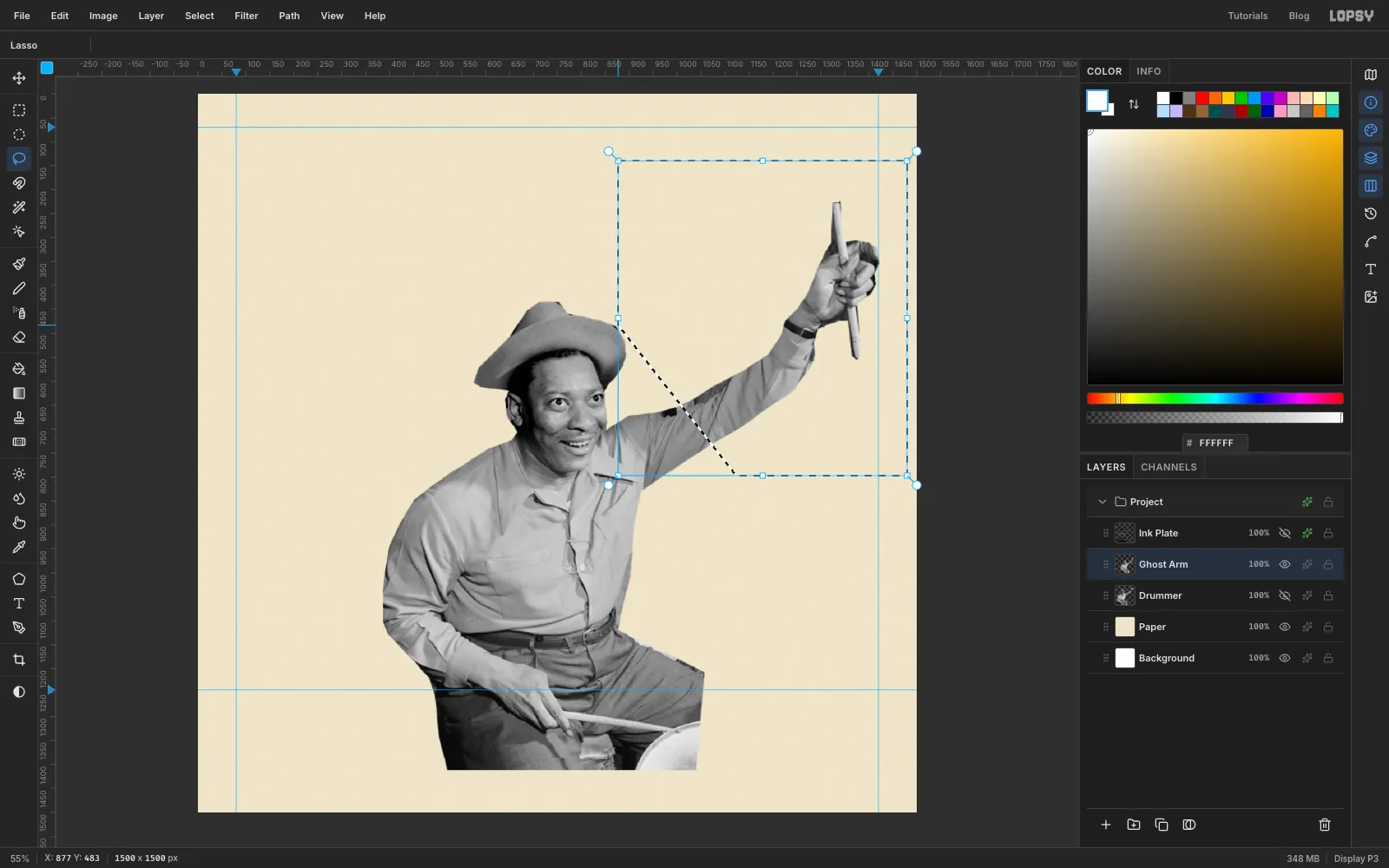 The duplicated drummer with a lasso selection around just the raised arm, fist and stick, cutting across the upper arm near the shoulder