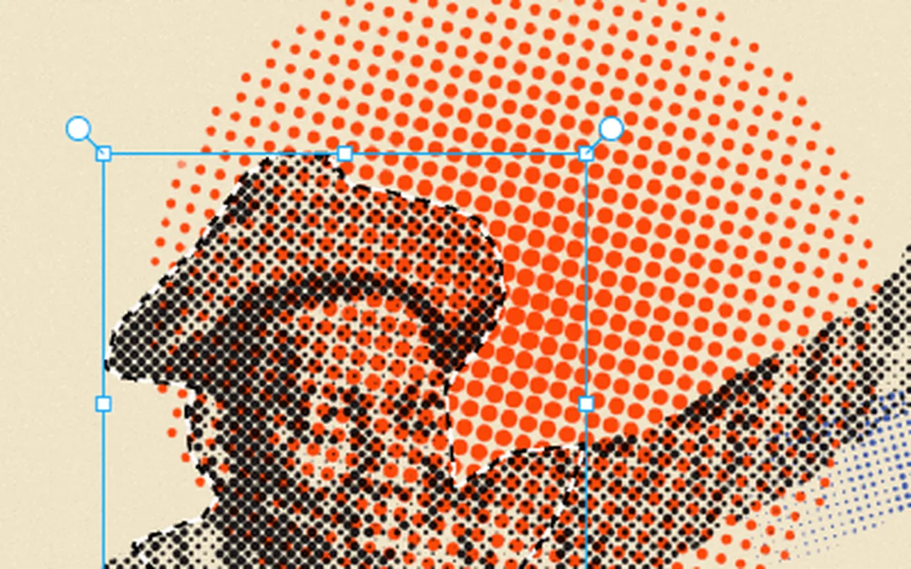 A close-up of the head with the intersected selection's bounding box around the hat and face, over the orange dots