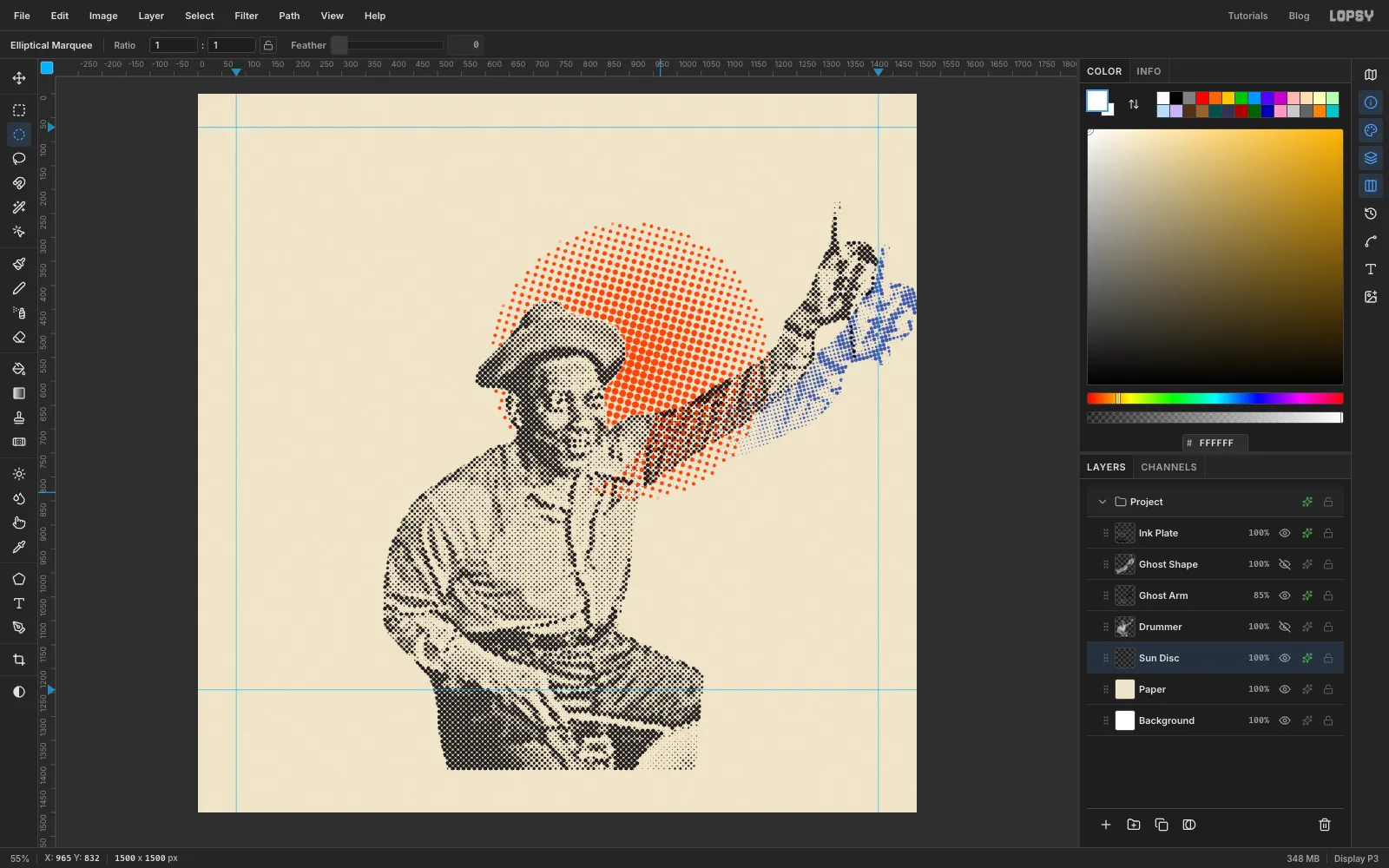 The orange sun with a clean head-shaped hole, the drummer's face printing on plain cream inside an orange halo