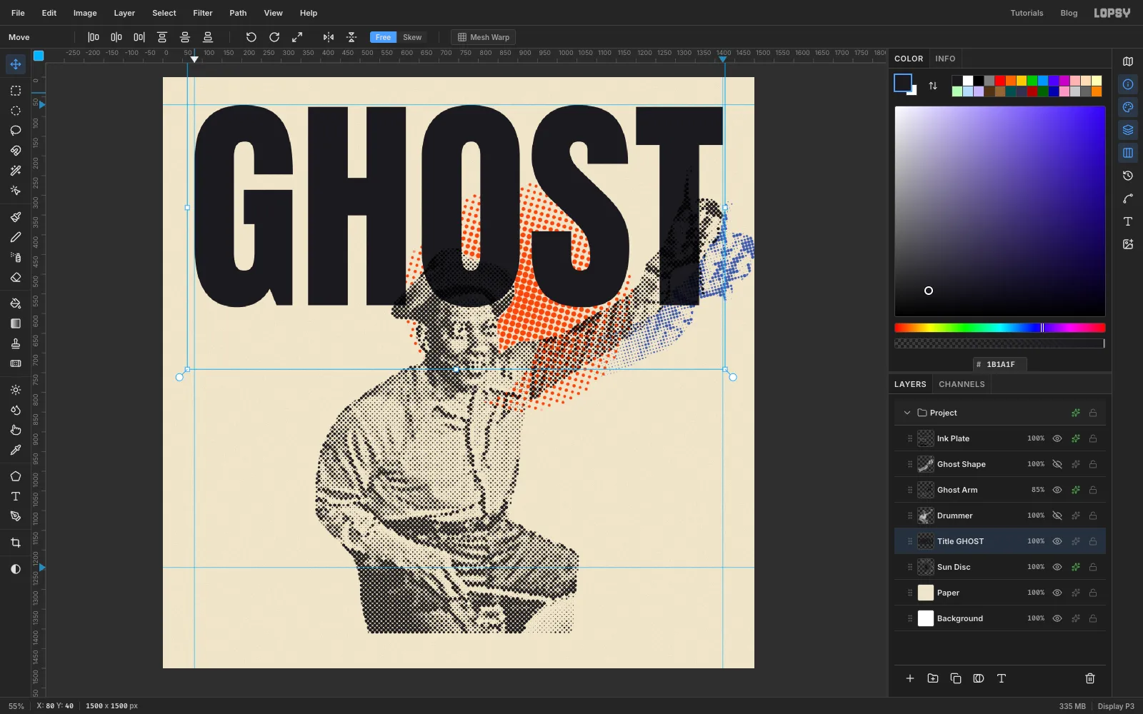 GHOST set in huge black Anton capitals across the top of the cover between the margin guides, behind the drummer's hat