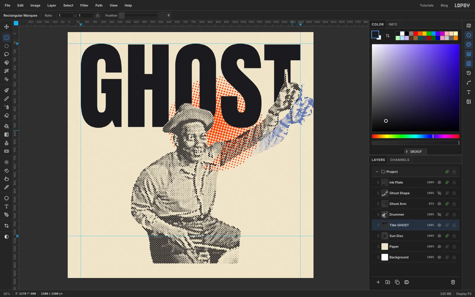 GHOST with the drummer's hat cleanly breaking into the bottom of the O and S, and his fist and stick rising through the T