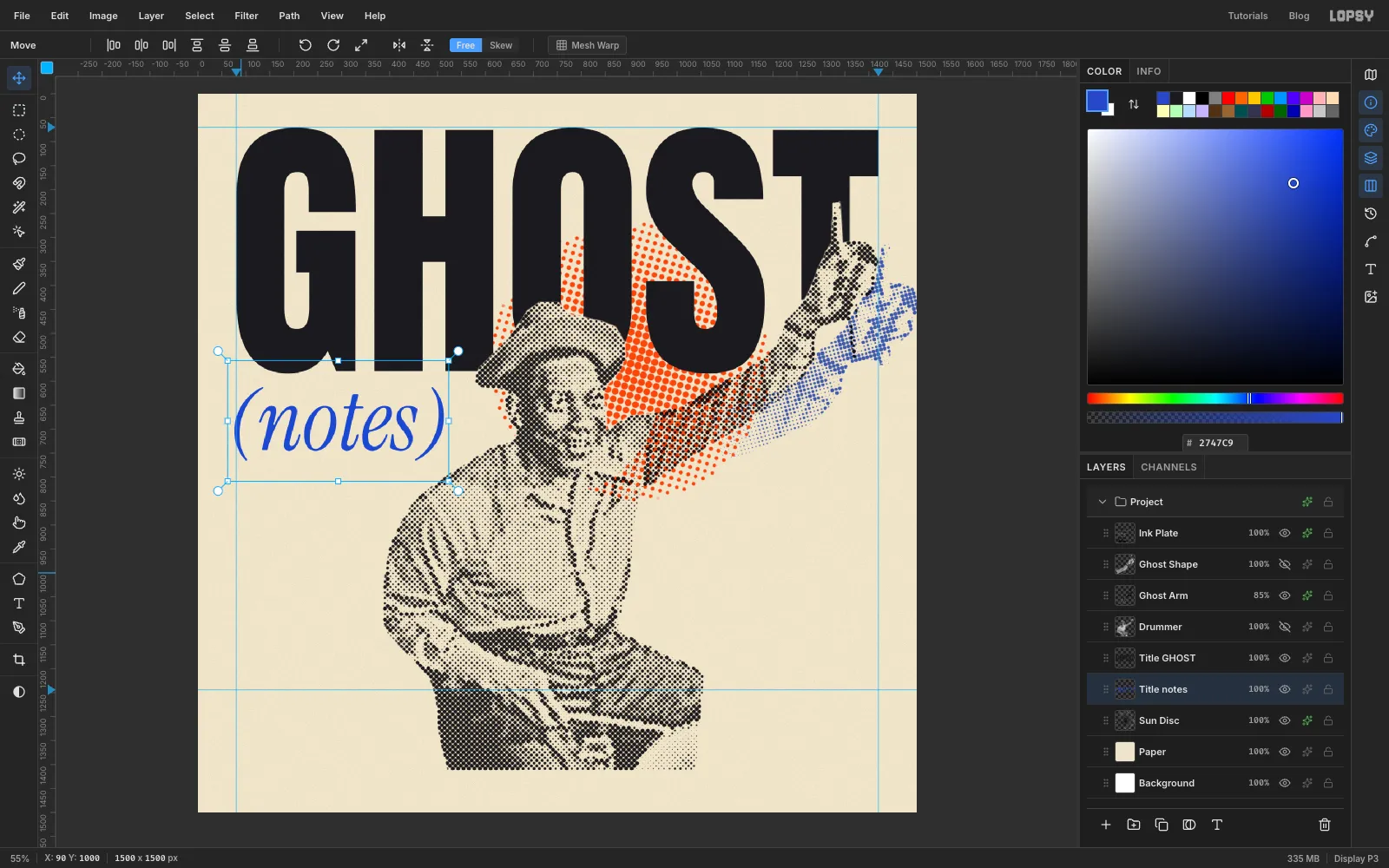 (notes) set in large blue italic serif on the left, under GHOST