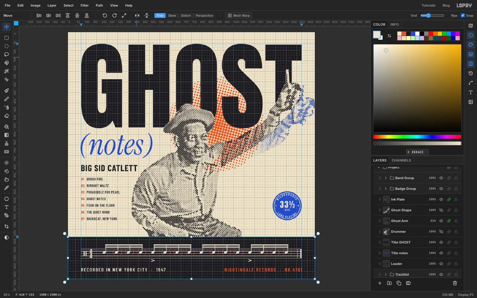 The finished cover with View → Show Grid turned on, showing the type, badge and band edges lining up on the grid and guides
