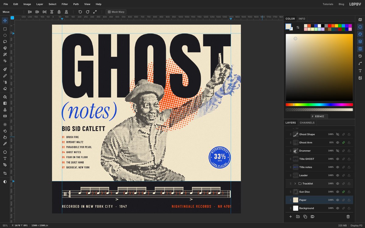 Lopsy showing the finished GHOST (notes) album cover, with a halftone photo of a smiling drummer in a hat raising a drumstick in front of an orange dot sun, a cobalt echo of his arm, the huge black word GHOST behind him, a tracklist, a blue 33⅓ badge and a black band of drum notation, with the Layers panel on the right