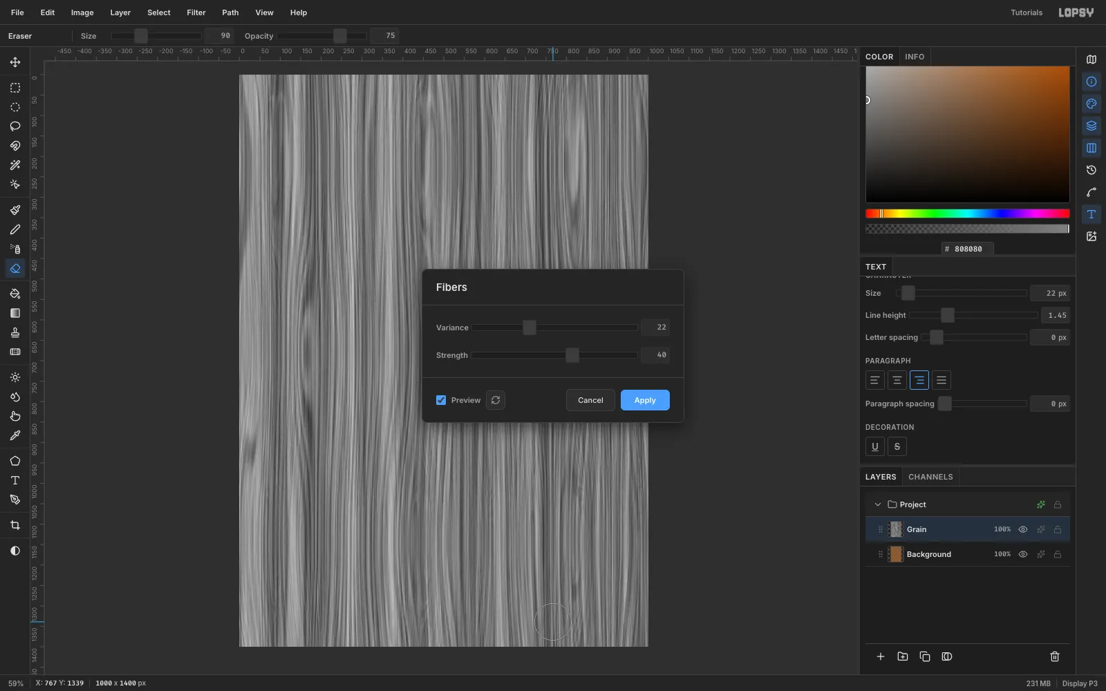 A 1000 by 1400 document filled with grey vertical wood fibers, with the Fibers dialog open showing Variance and Strength sliders