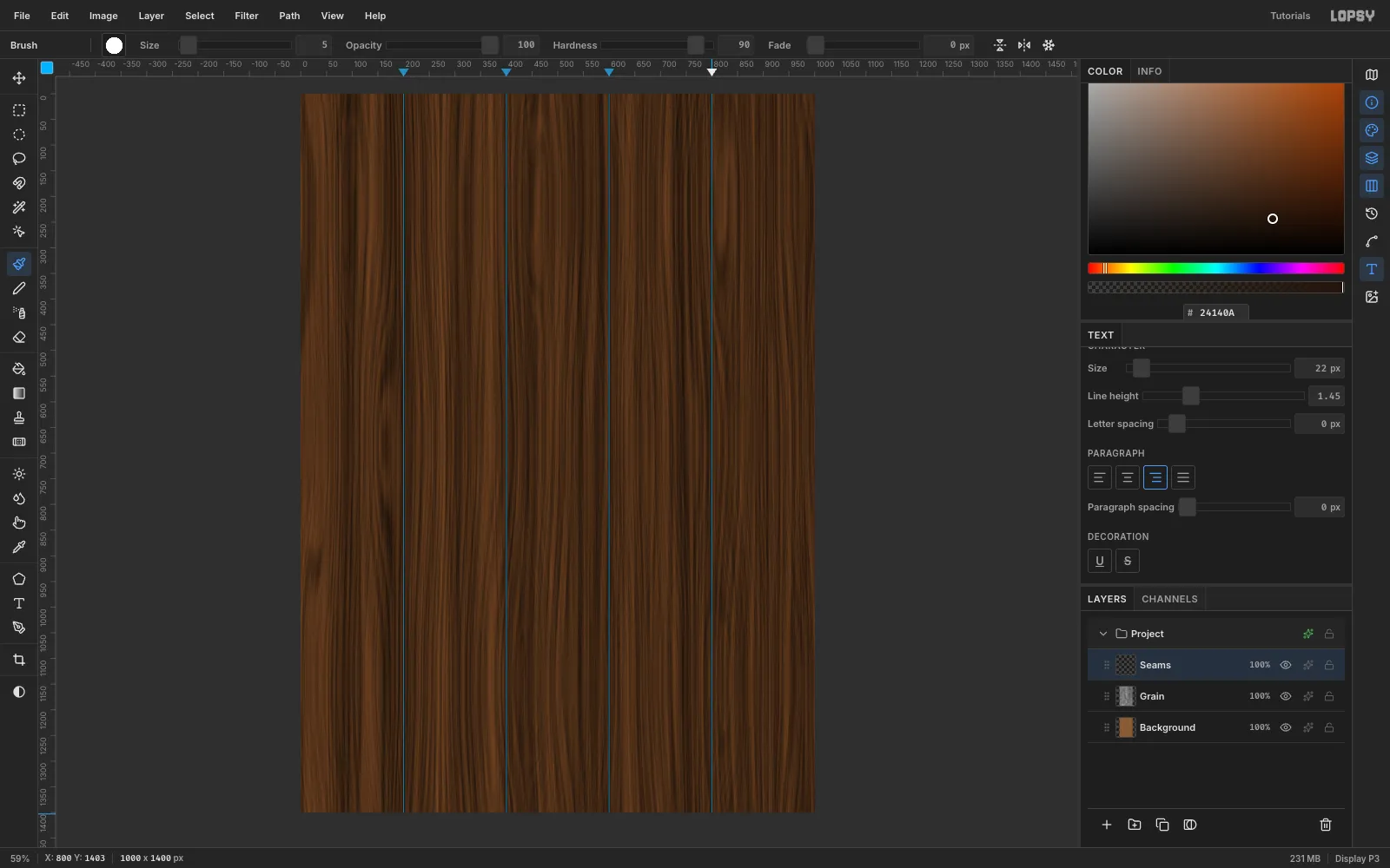 Four blue vertical guides at 200, 400, 600 and 800 px with thin dark seam lines painted along them