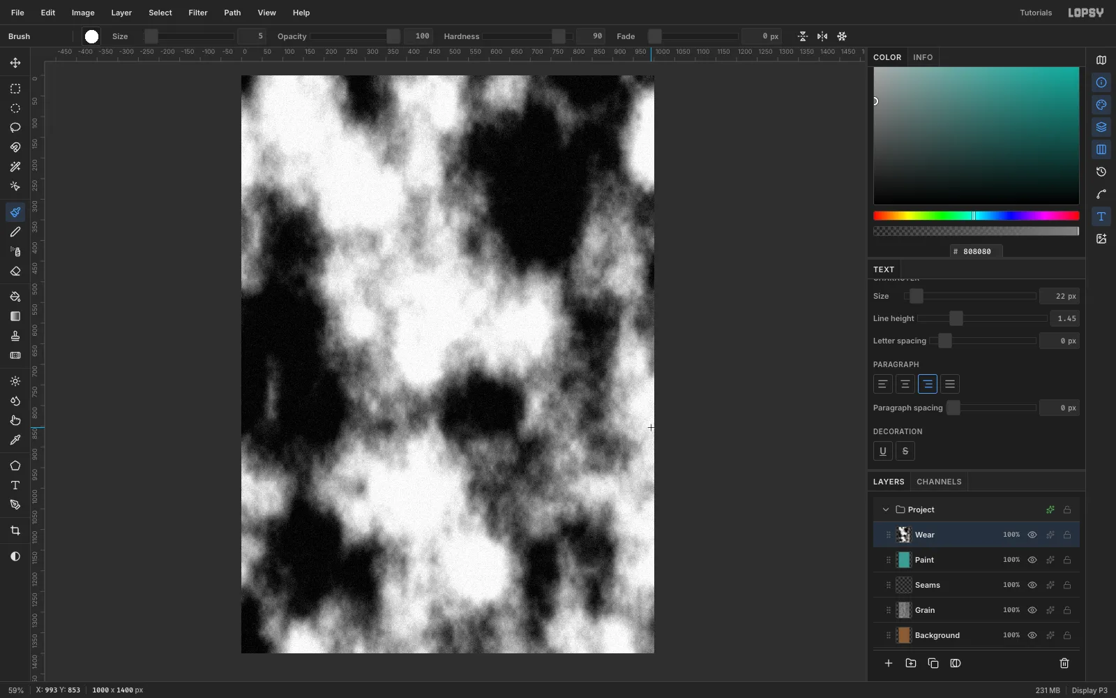A grey cloud pattern with fine monochrome noise filling the whole canvas