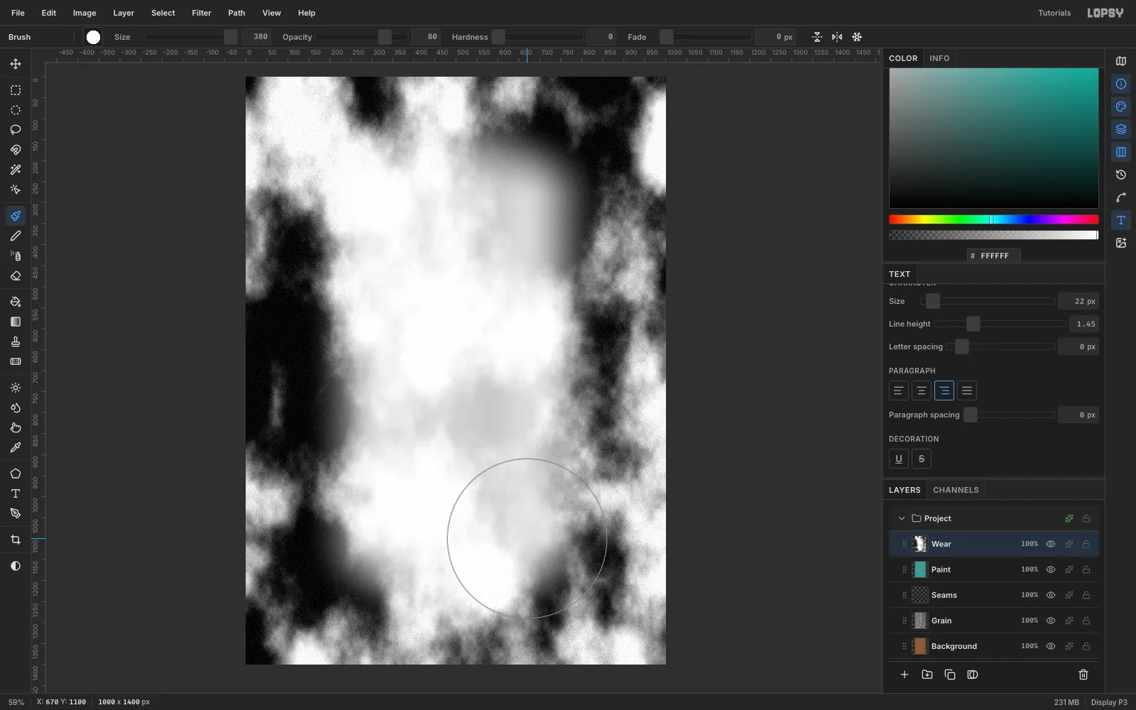 The cloud map with its middle painted over in soft white, leaving dark cloud patches only near the edges