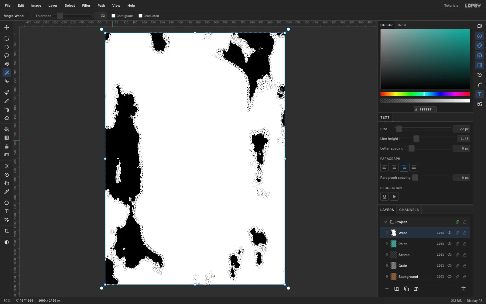 The Magic Wand options with Contiguous unticked, and marching ants around every black peel shape on the Wear layer