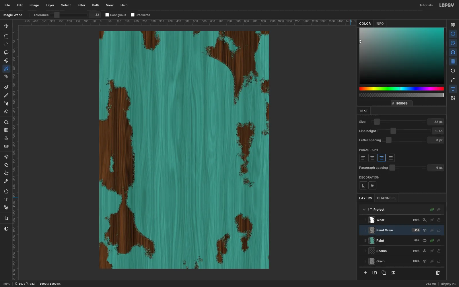 Muted turquoise paint with visible brush grain, peeled back to dark wood along the edges, with faint plank grooves