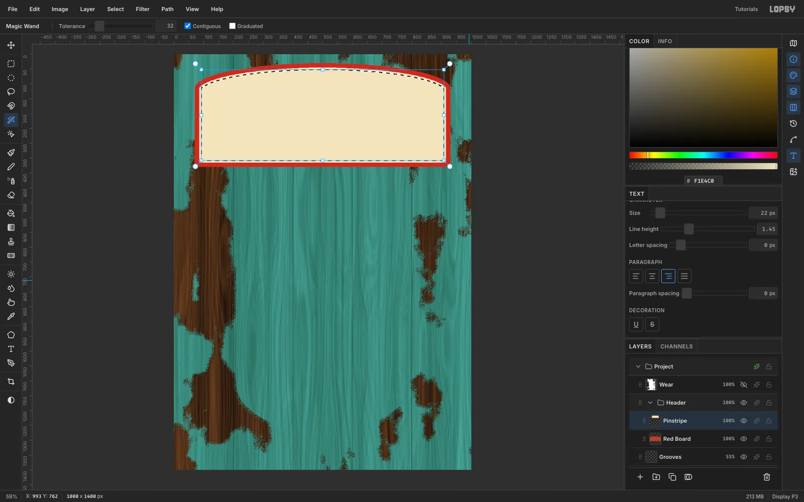 The red arched board with a cream inner shape selected, showing the shrunken selection outline inset from the red edge