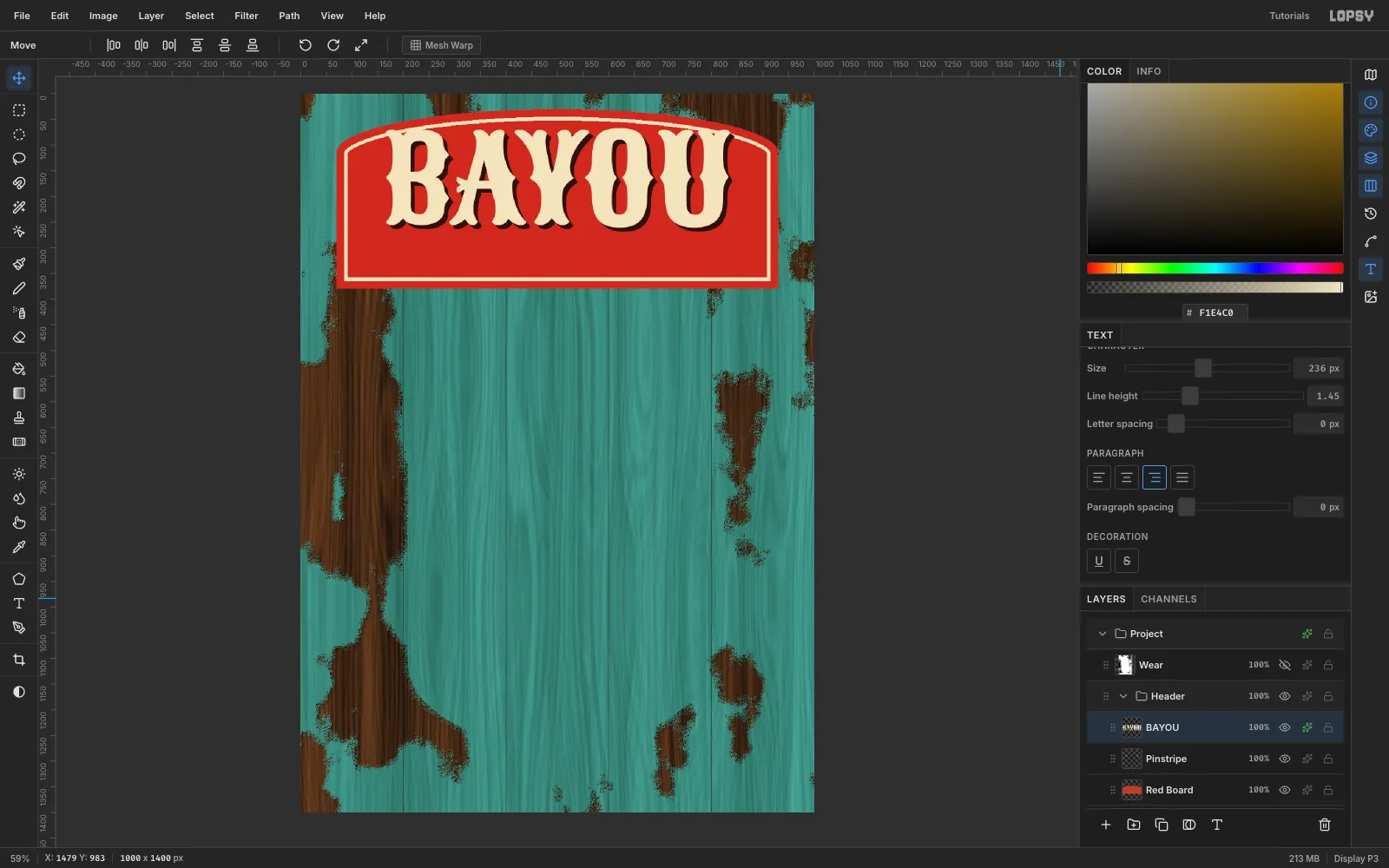 Huge cream BAYOU lettering in Sancreek centred on the red arched board, with a hard dark brown offset shadow