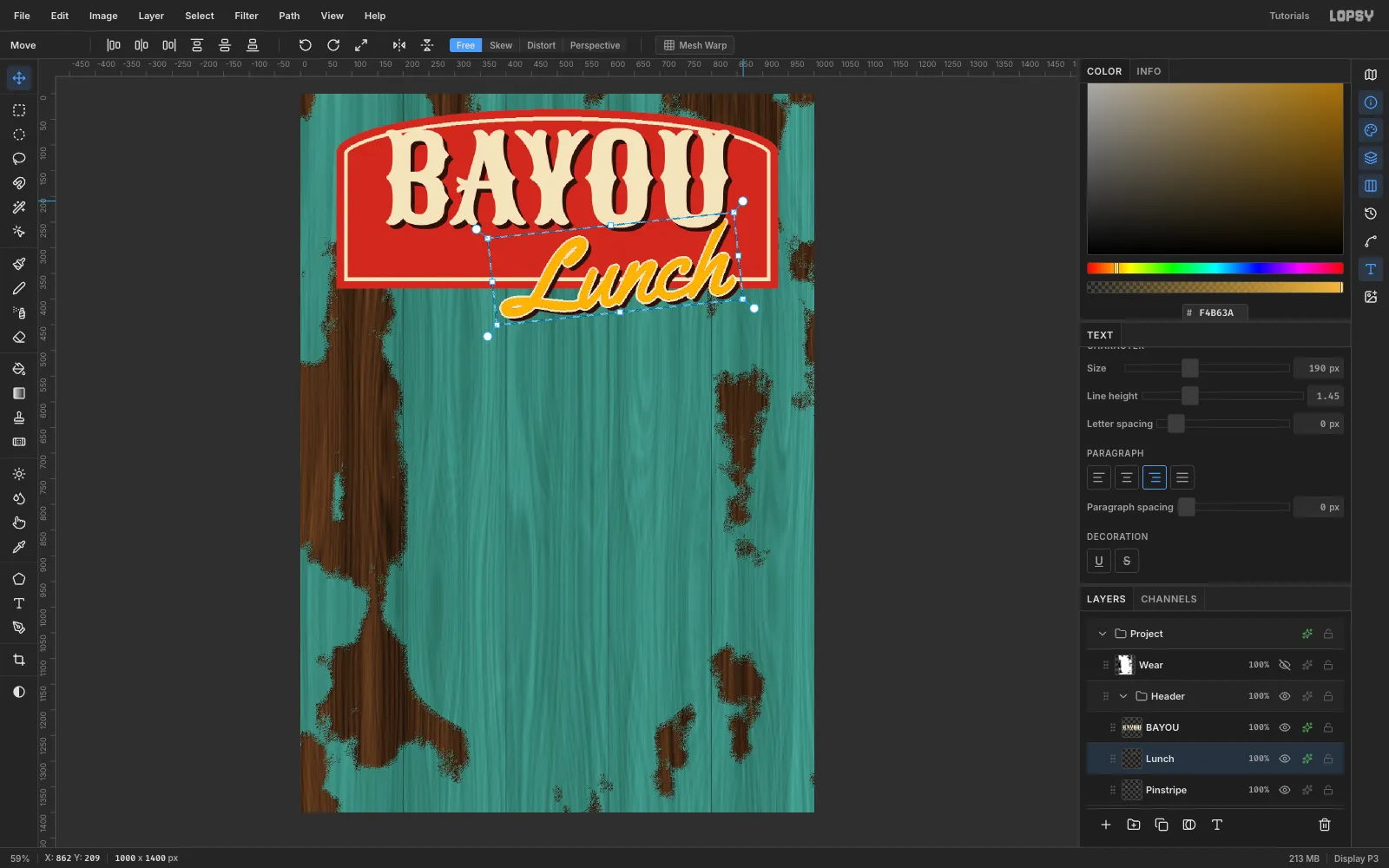 The yellow Yellowtail script Lunch inside a rotated transform box, breaking out of the bottom right of the red sign