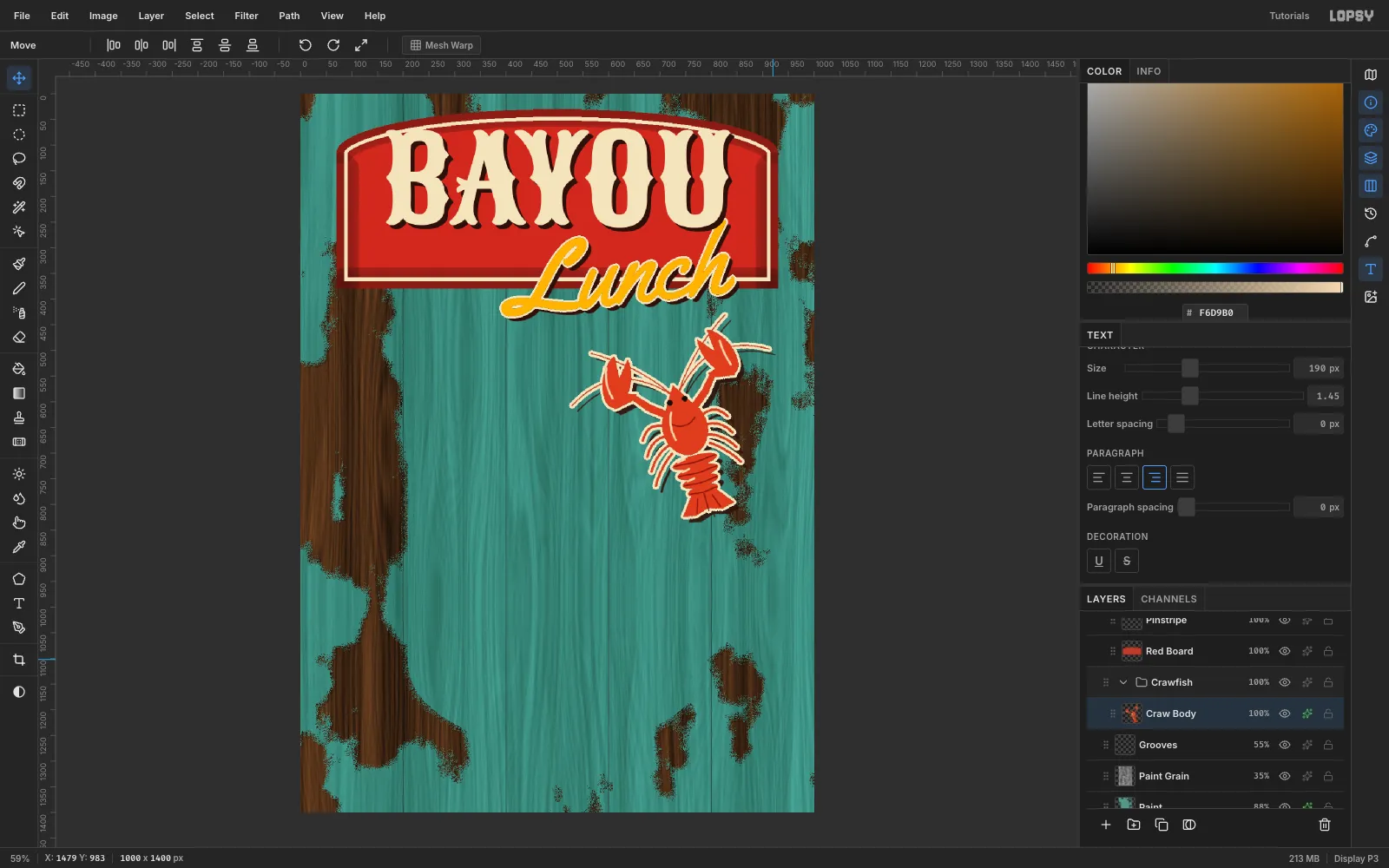 The crawfish on the right side of the board below the header, outlined in cream with a dark offset shade