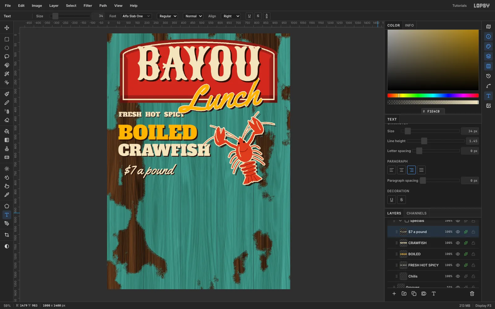 Four lines of lettering on the left: FRESH HOT SPICY in small cream slab capitals, BOILED in big mustard slab capitals, CRAWFISH in cream, and a cream $7 a pound script