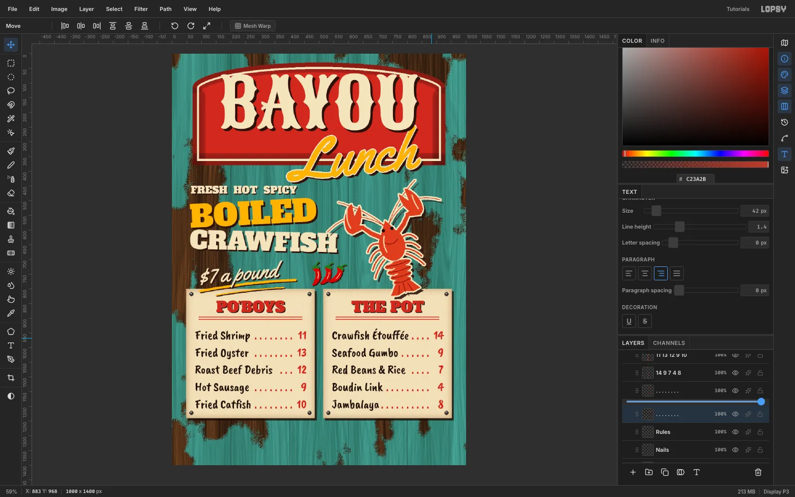 Both boards filled in: red PO'BOYS and THE POT headings with double rules, dark brush-script dishes, red dotted leaders and right-aligned red prices