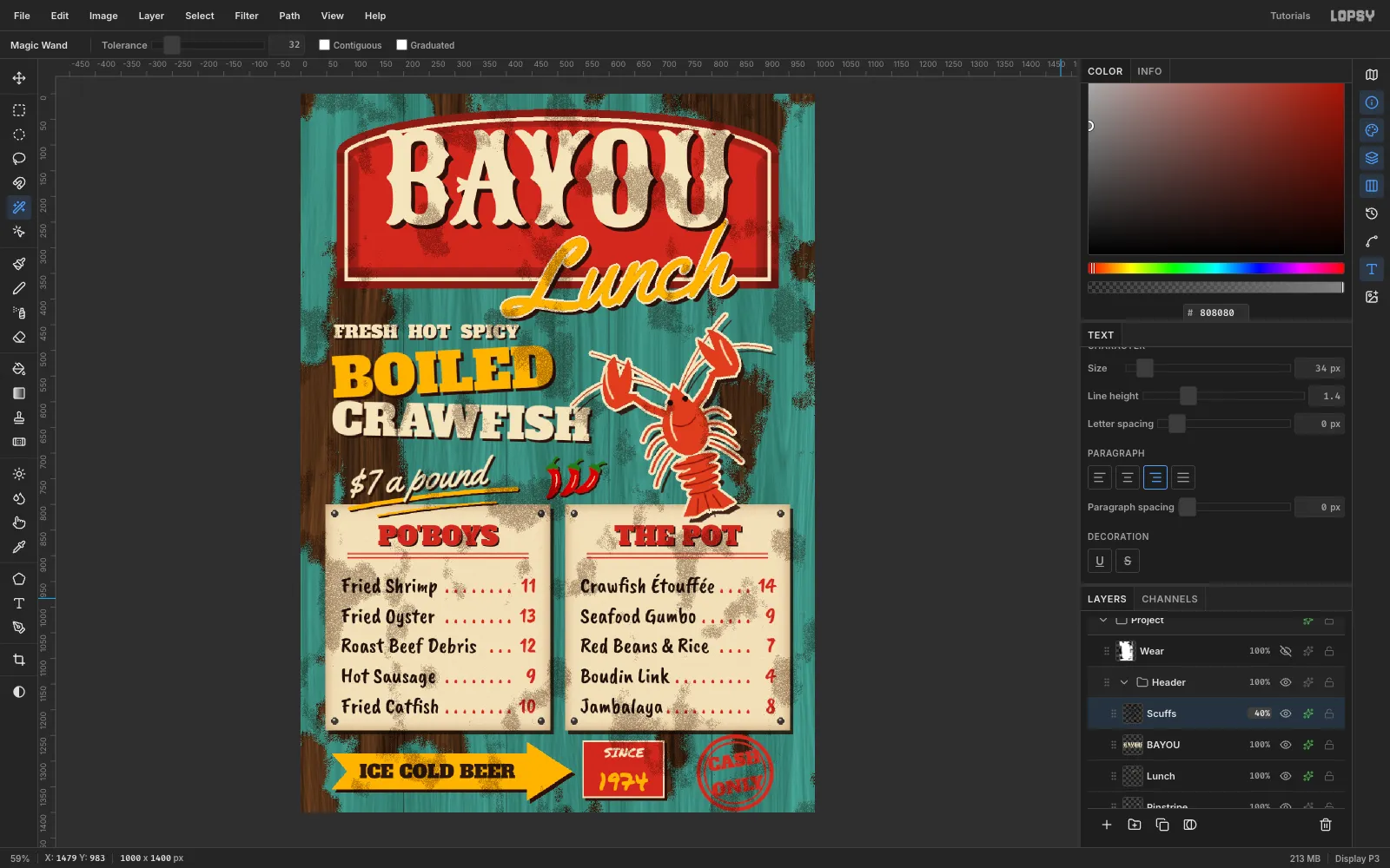 The whole menu covered with speckled brown scuffs, over the lettering, the crawfish and the boards