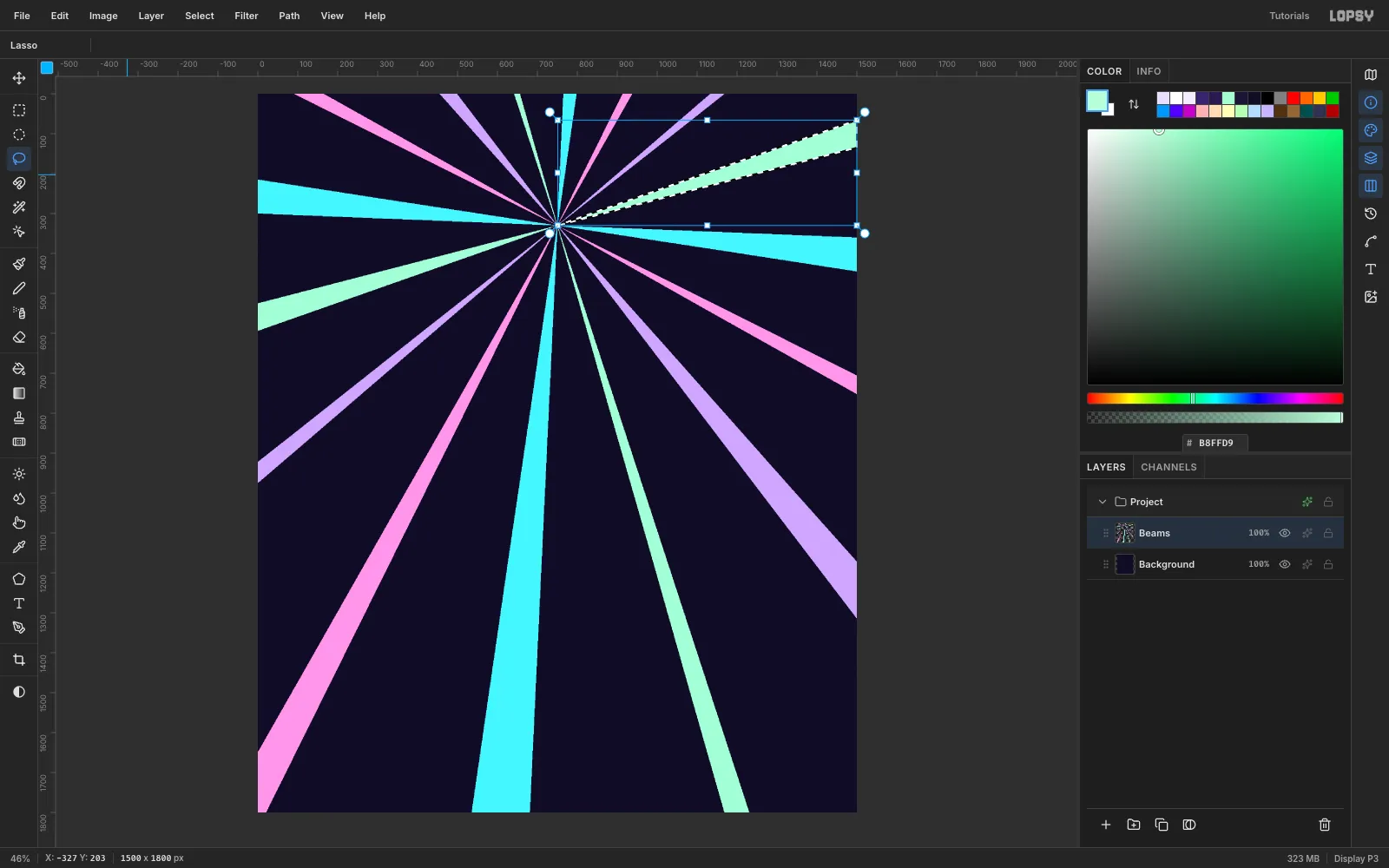 Sixteen thin lasso wedges in cyan, pink, lilac and mint radiating from a point near the top of the canvas