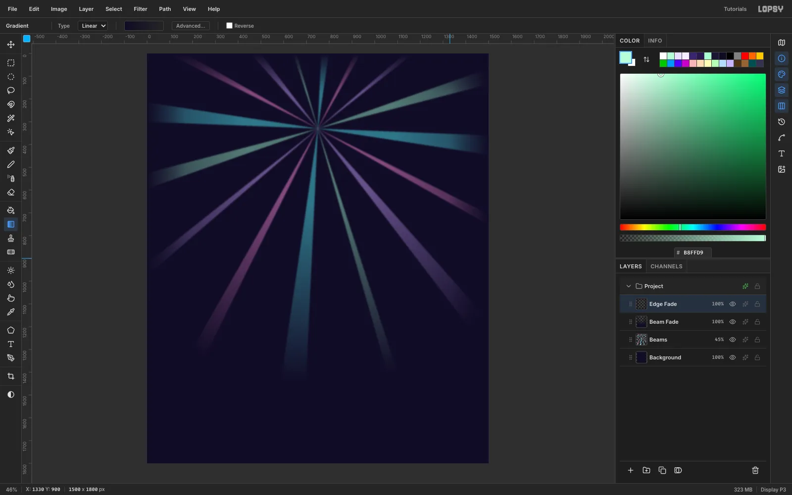 The beams blurred and fading softly into the dark ground before they reach any canvas edge