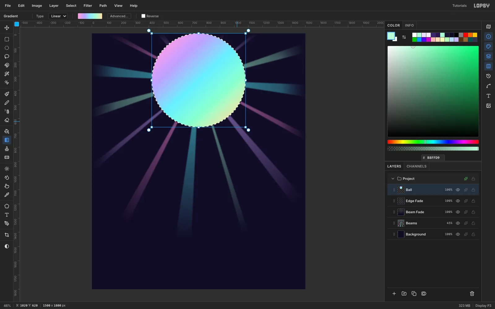 A circle selection filled with a diagonal pink, lilac, cyan, mint and peach gradient at the top of the canvas