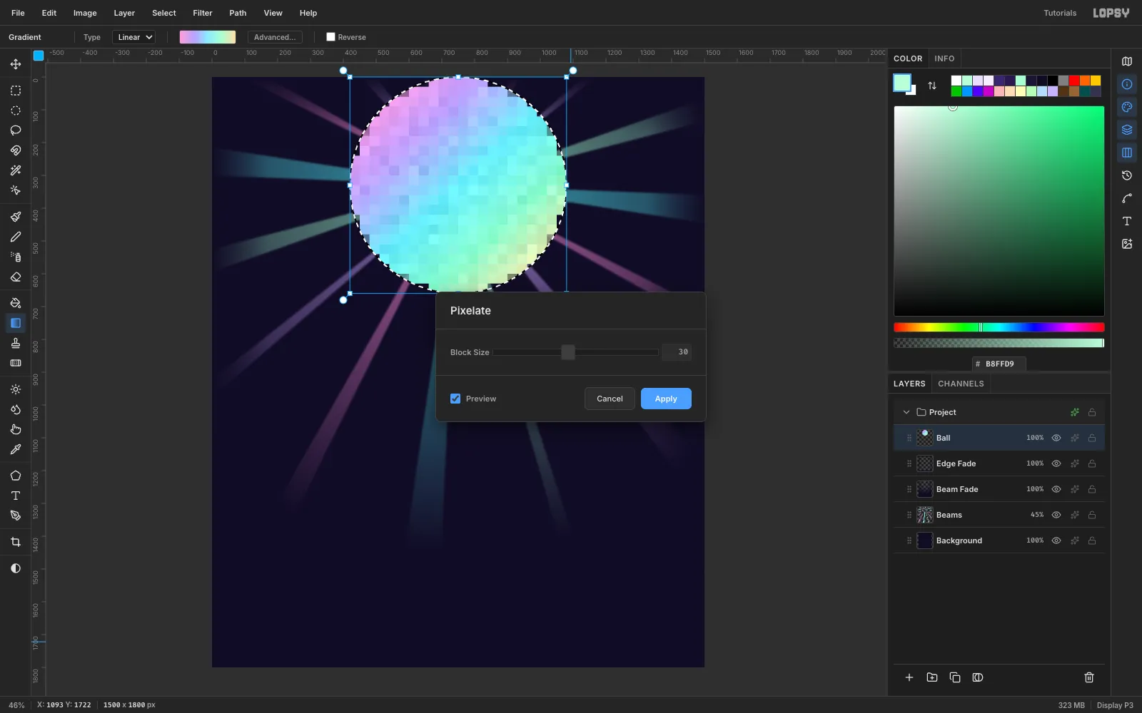 The Pixelate dialog at Block Size 30 previewing square mirror tiles with uneven brightness inside the circle