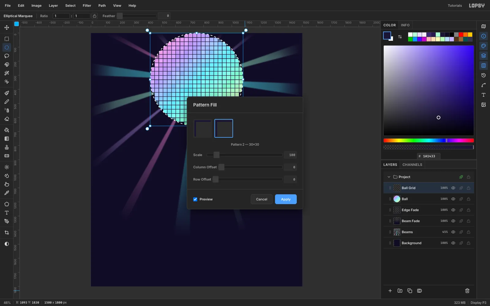 The Pattern Fill dialog previewing a thin dark grid across the circle, lined up with the 30 pixel tiles