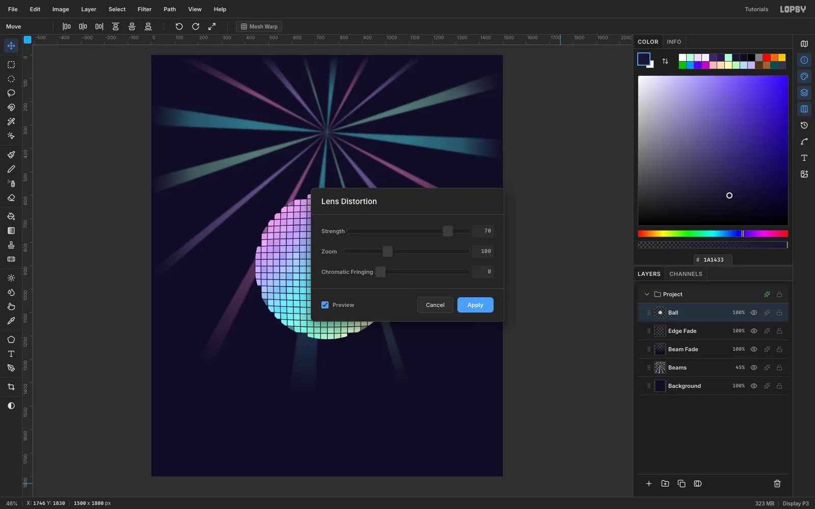 The ball moved to the middle of the canvas with the Lens Distortion dialog set to Strength 70, previewing a barrel bulge