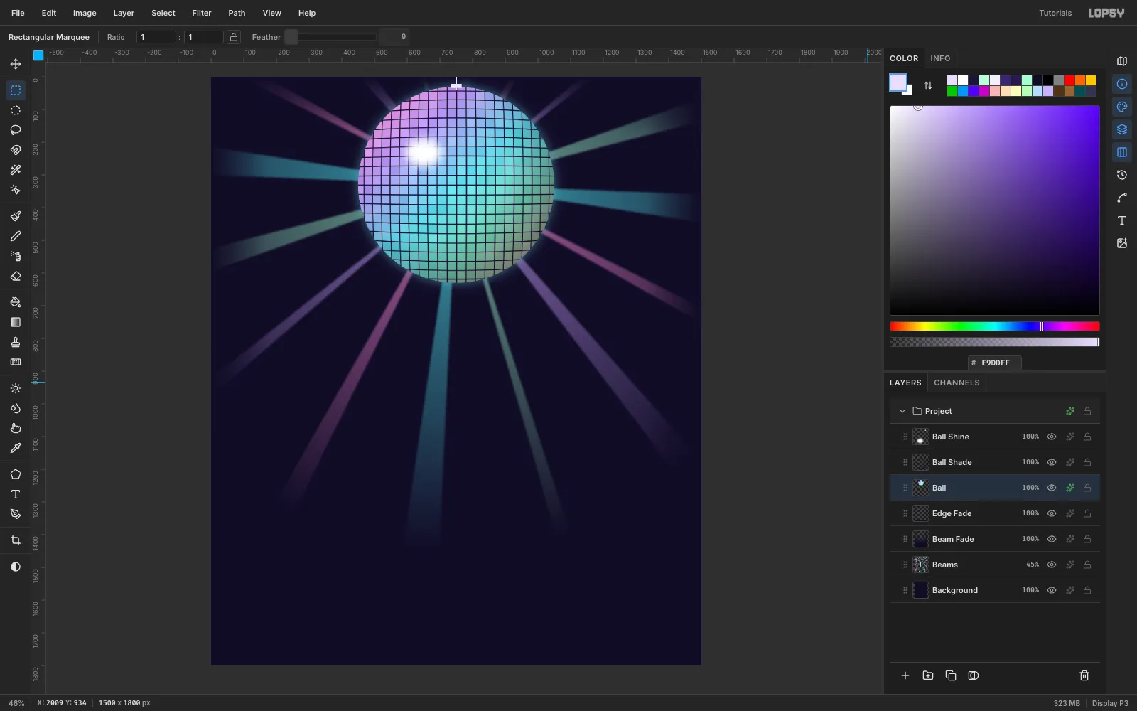 The mirror ball with a darker lower-right edge, a bright soft white hotspot at the upper left and a cyan outer glow