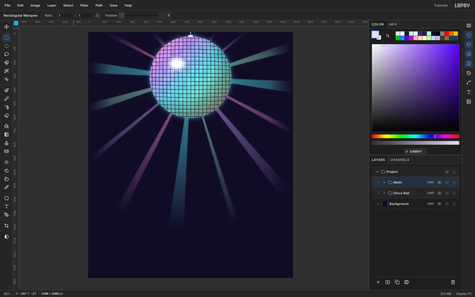 The Layers panel with a collapsed Disco Ball group and an empty Moth group above it