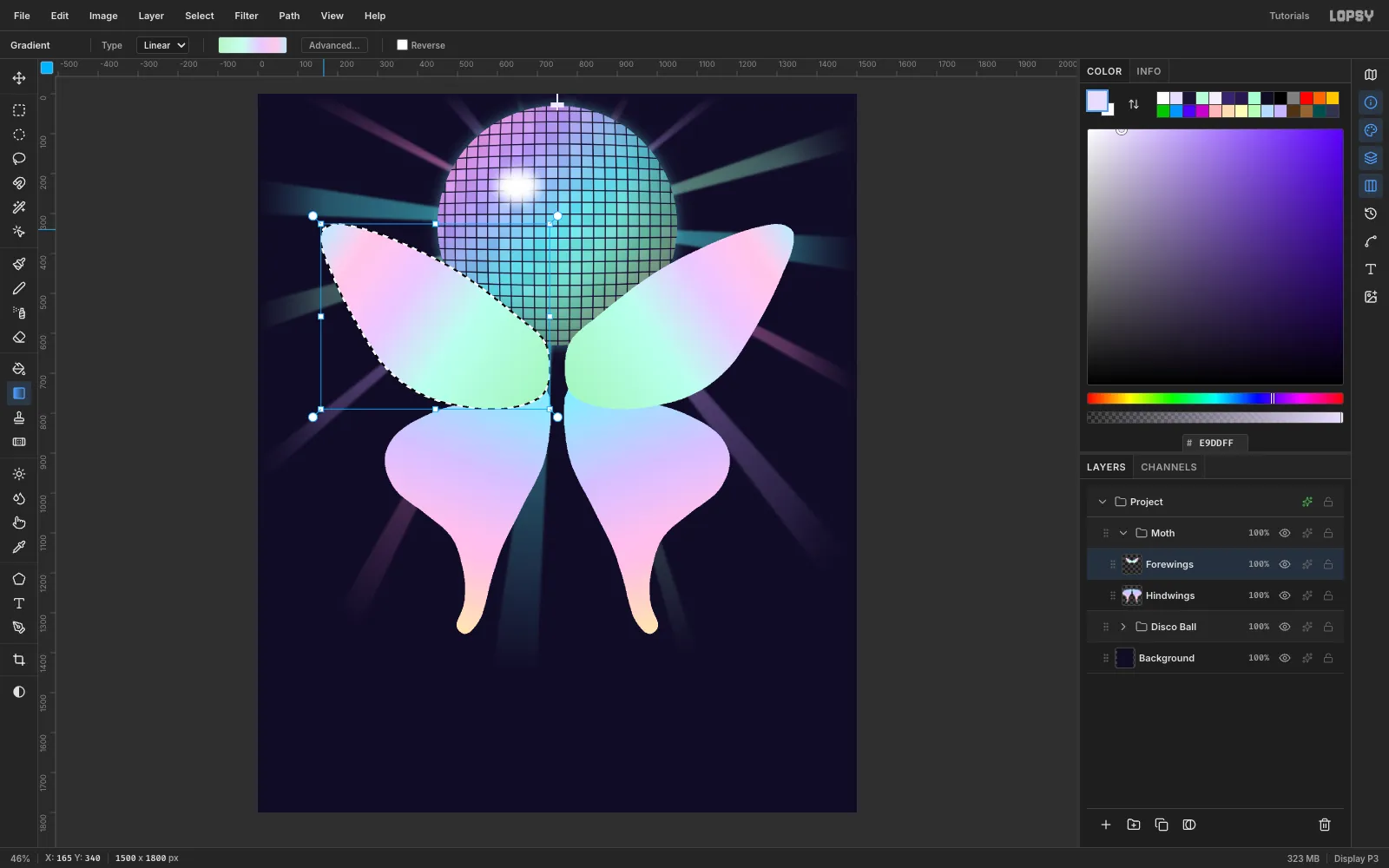 The two forewings selected with the Lasso and filled with a pastel mint to lilac to pink gradient, with the hindwings already filled below