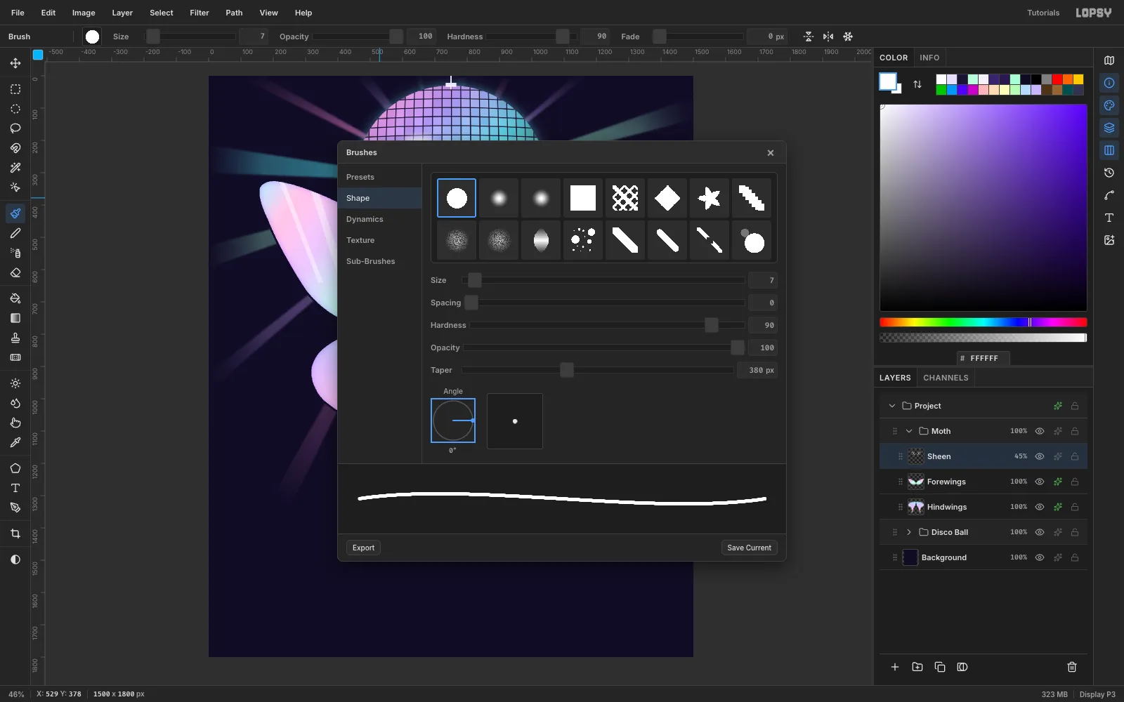 The Brushes modal on the Shape tab with Size 7 and Taper 380