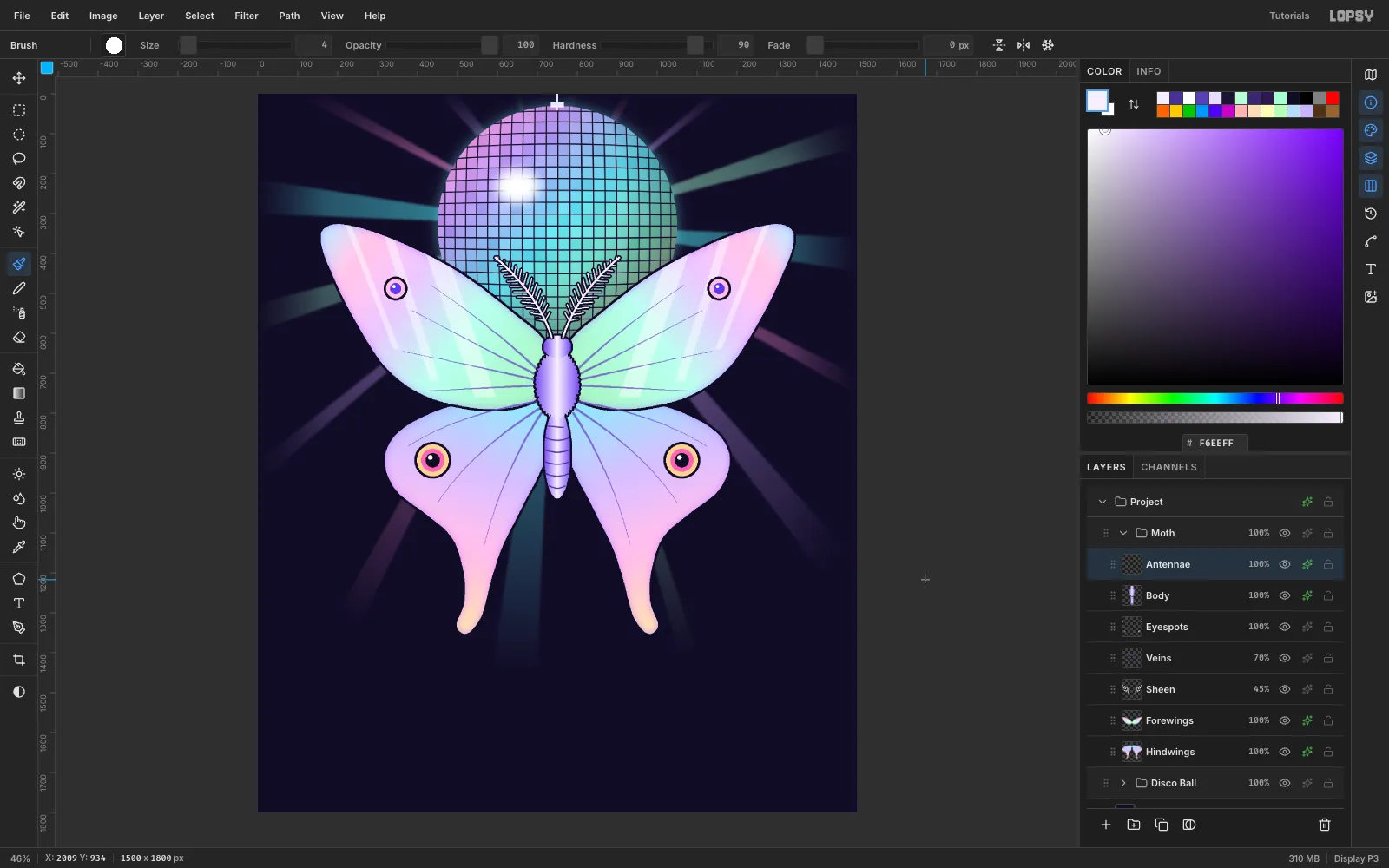 Two white feathered antennae with dark outlines rising from the head across the mirror ball