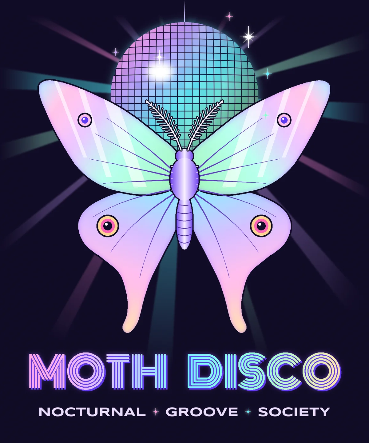 The finished MOTH DISCO t-shirt graphic, with a pastel iridescent Luna moth whose head touches a tiled mirror ball hanging on a thin chain, soft colored beams fanning out behind it, star glints near the light, a holographic MOTH DISCO title in Monoton and the line NOCTURNAL, GROOVE, SOCIETY underneath