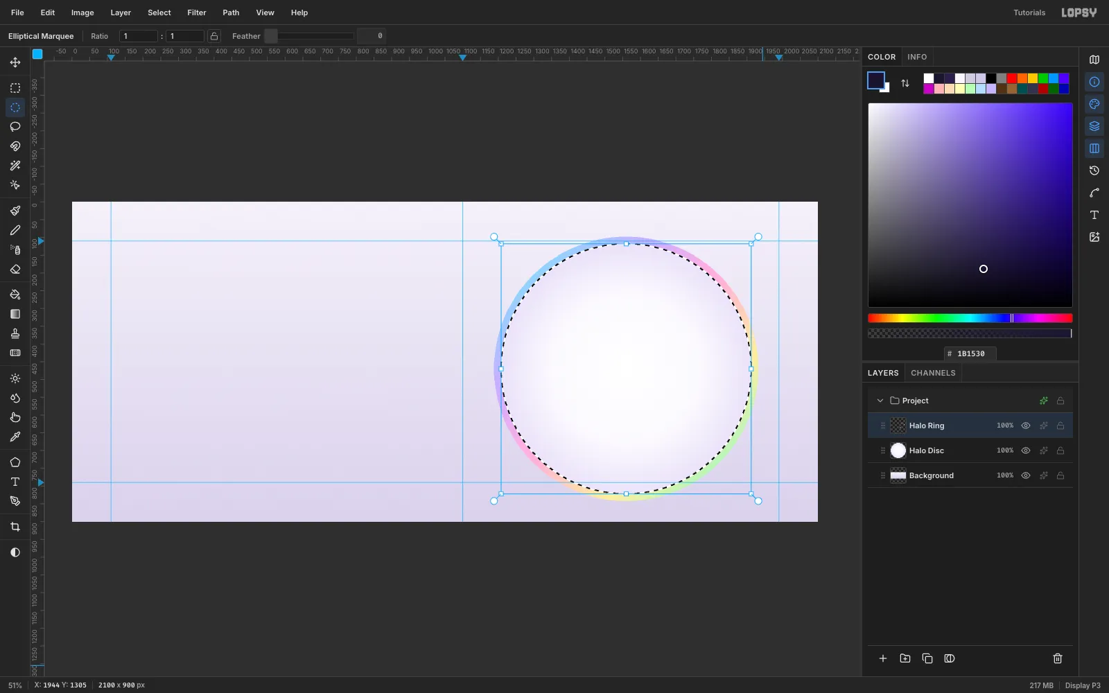 An Elliptical Marquee circle with marching ants inside a pastel rainbow ring, with a soft white disc glowing in the middle