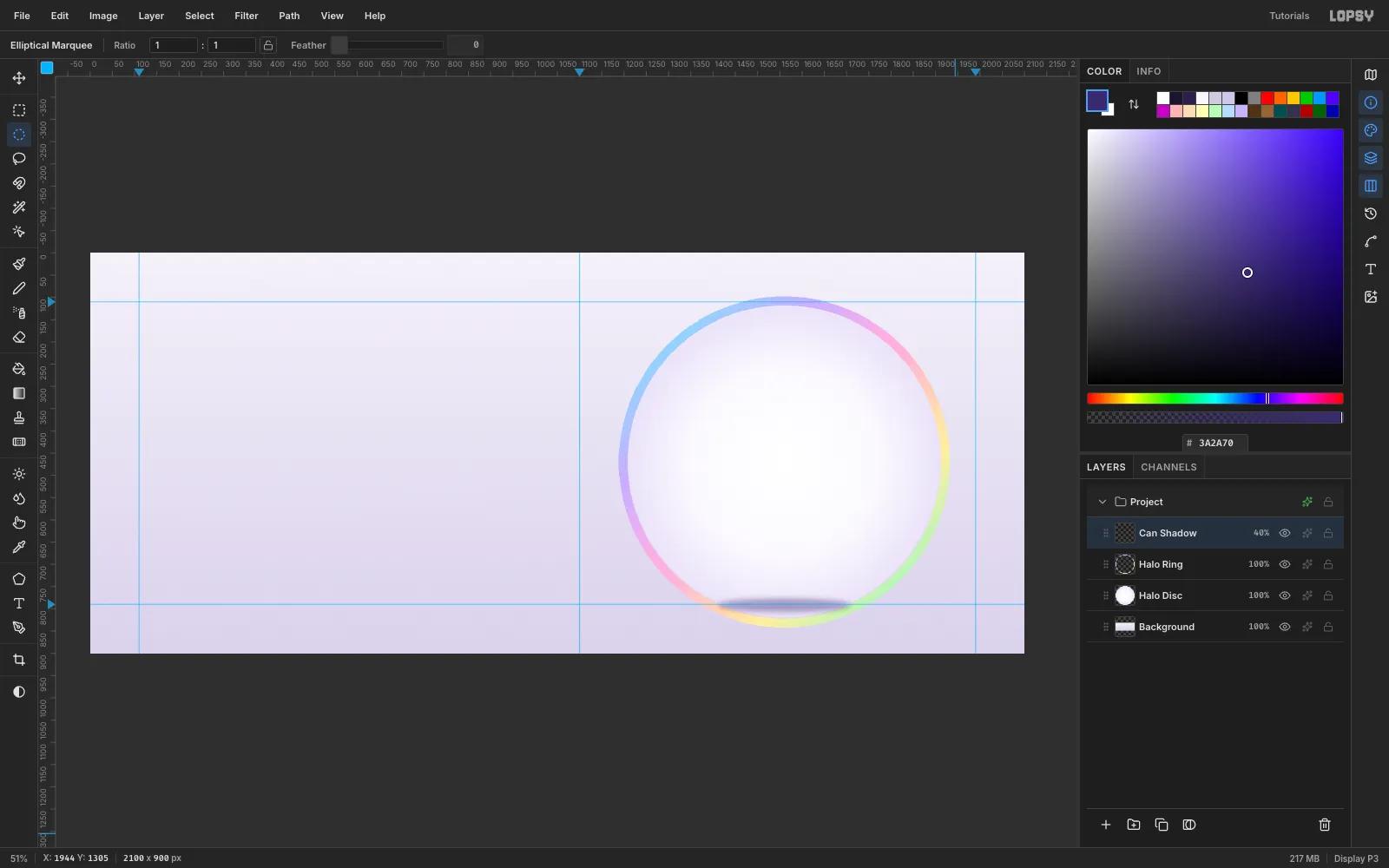 A blurred violet ellipse sitting at the bottom of the ring, set to Multiply at 40 percent