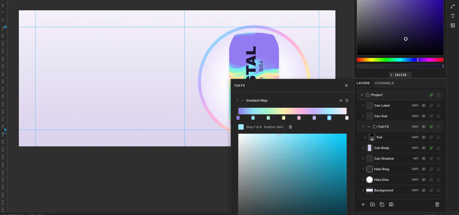 The Foil FX group's drawer showing a Gradient Map node with eight pastel stops, with the can above it half filled with holographic colour