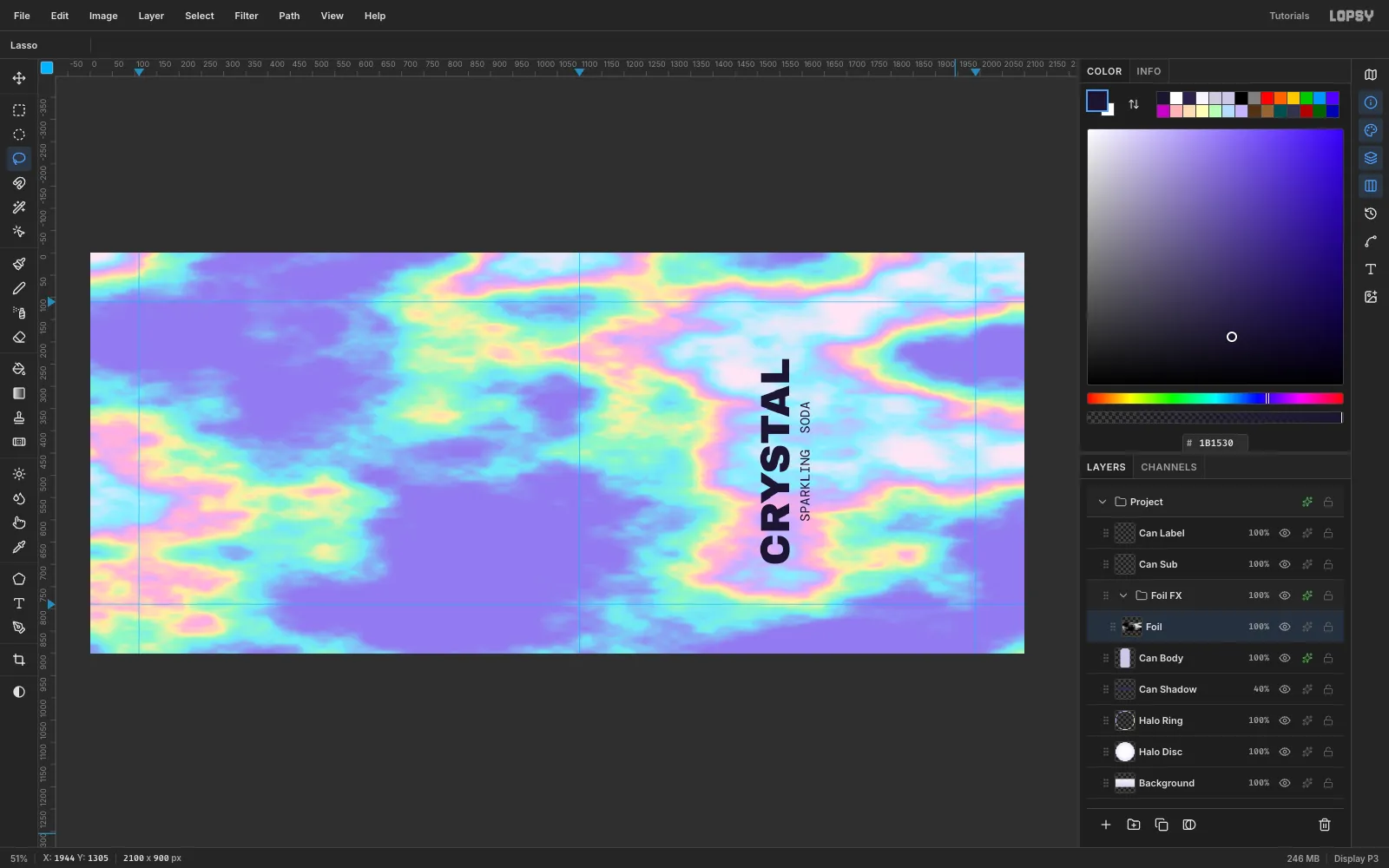 The whole Foil layer mapped into pastel holographic bands after a fresh Clouds render