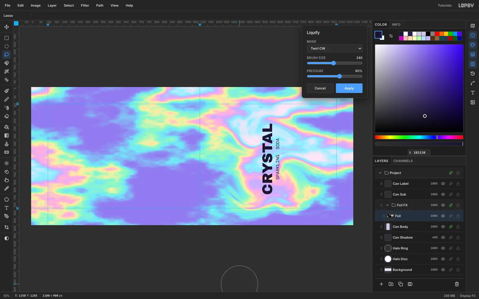 The Liquify panel set to Twirl CW with brush size 240 and pressure 60, with the foil bands pulled into swirls around the can