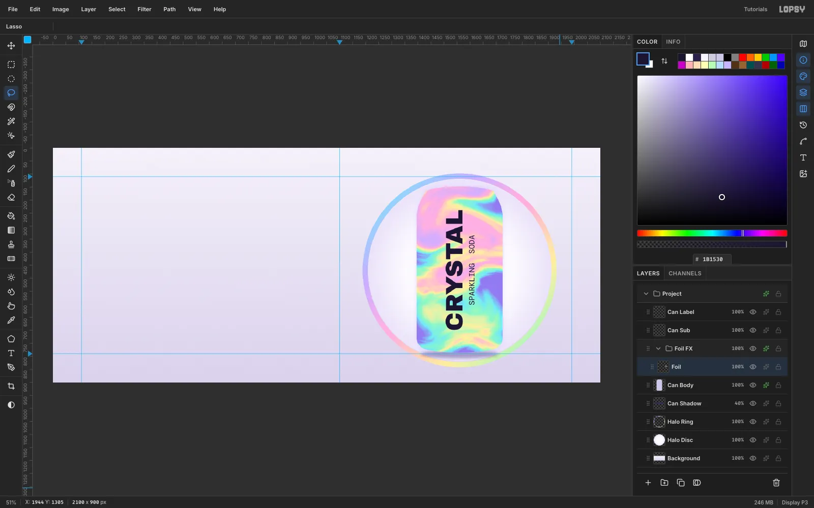 The finished holographic foil on the can, swirling bands of mint, butter, pink and violet behind the navy lettering
