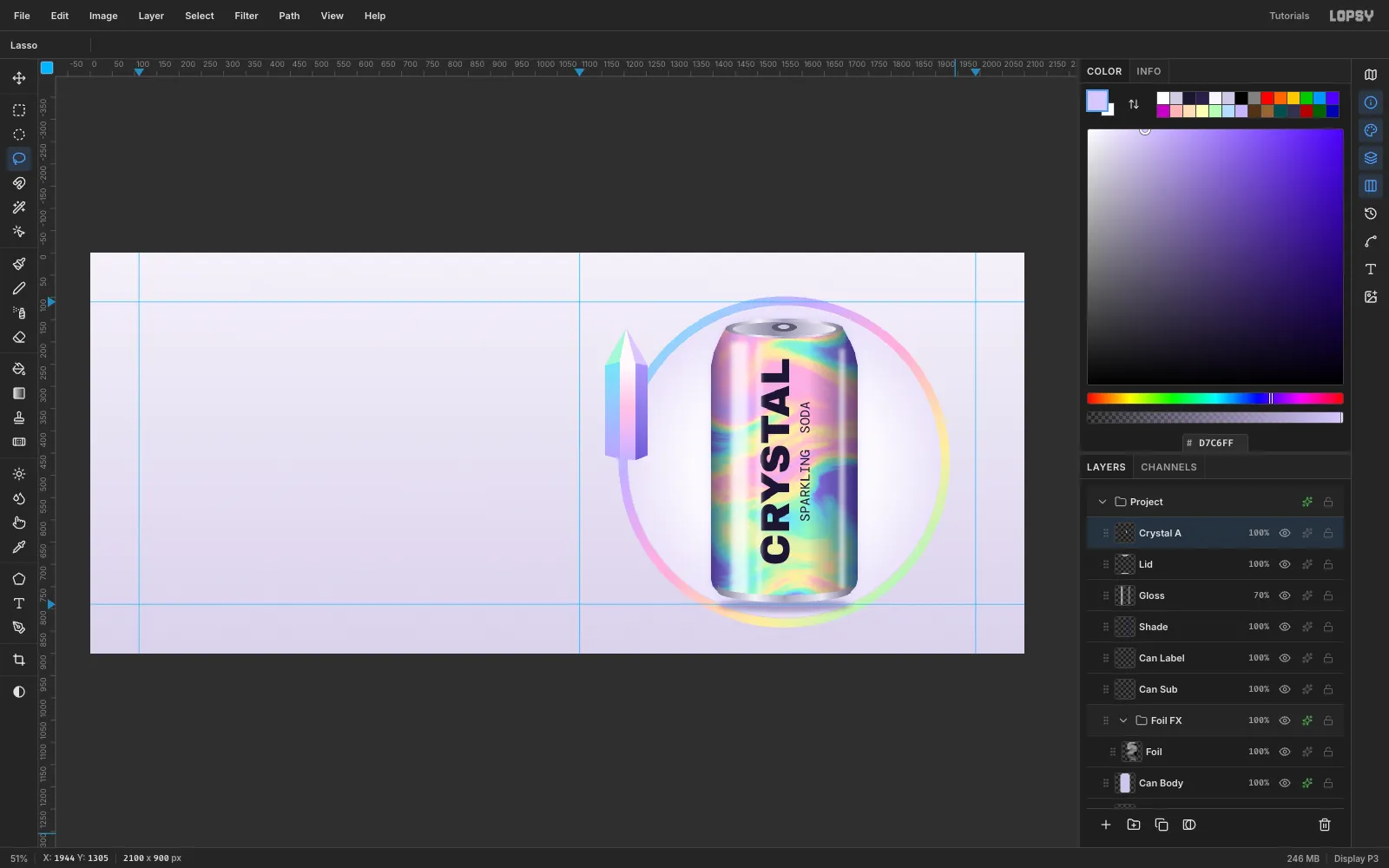A single upright quartz crystal to the left of the can, built from cyan, pink-white and violet facets with pastel tips